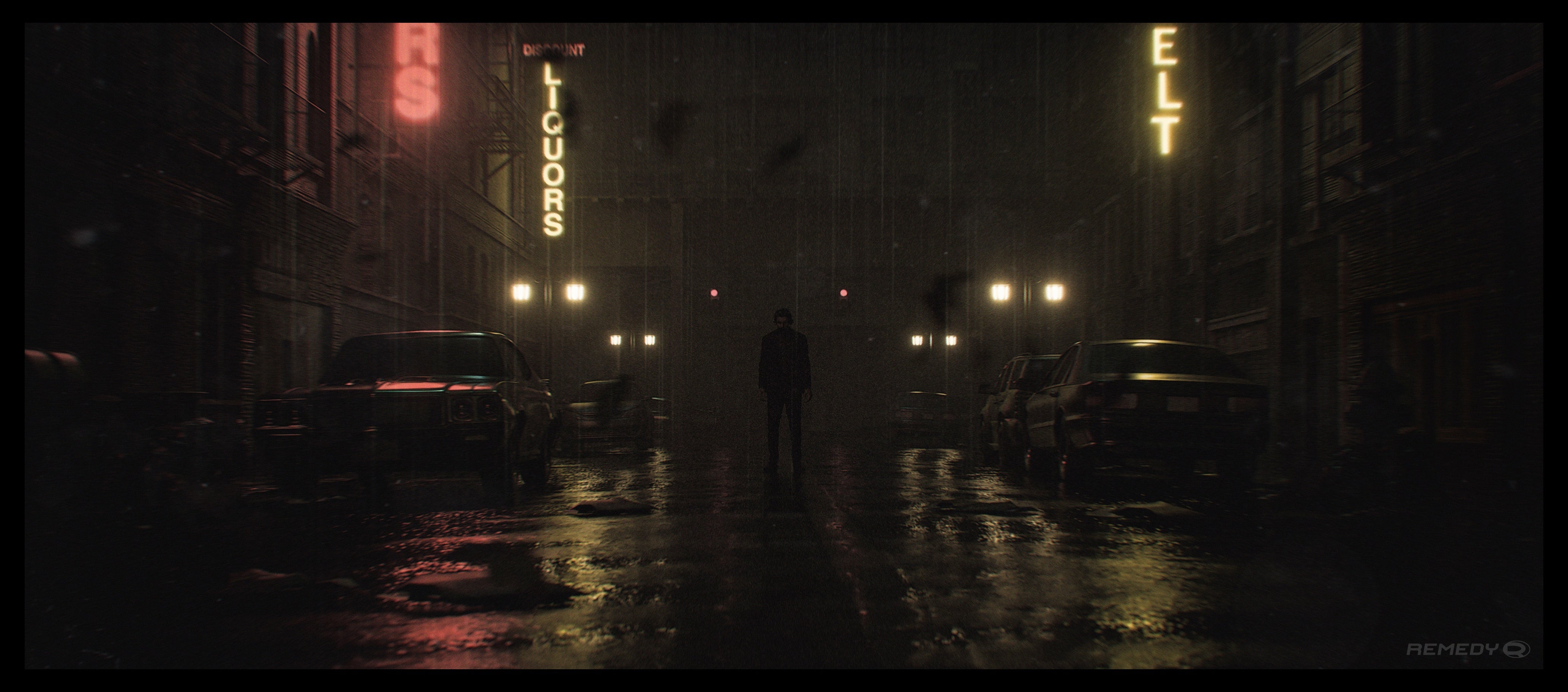 Alan Wake 2 concept art showing Alan standing at night in a wet city street, lit by neon liquor signs.