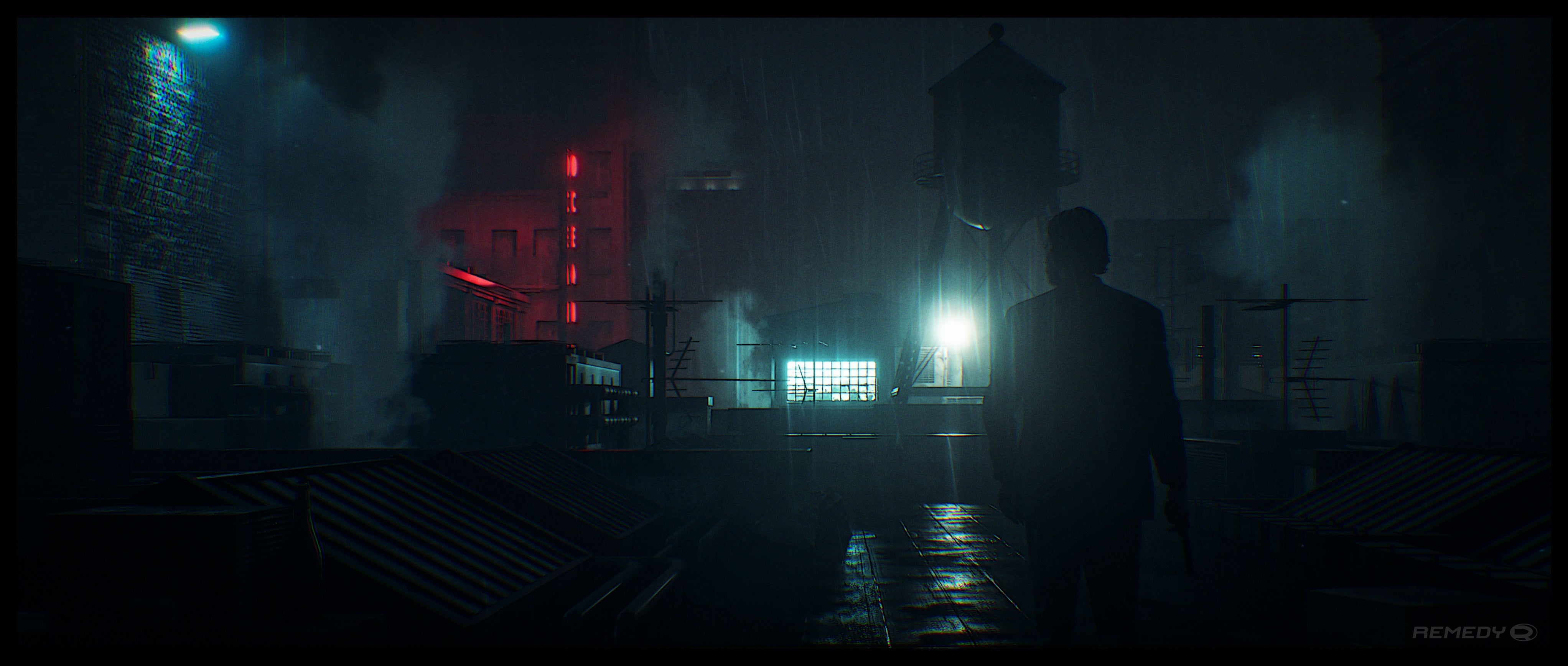 Alan Wake 2 concept art showing Alan on a rooftop in a damp city at night.