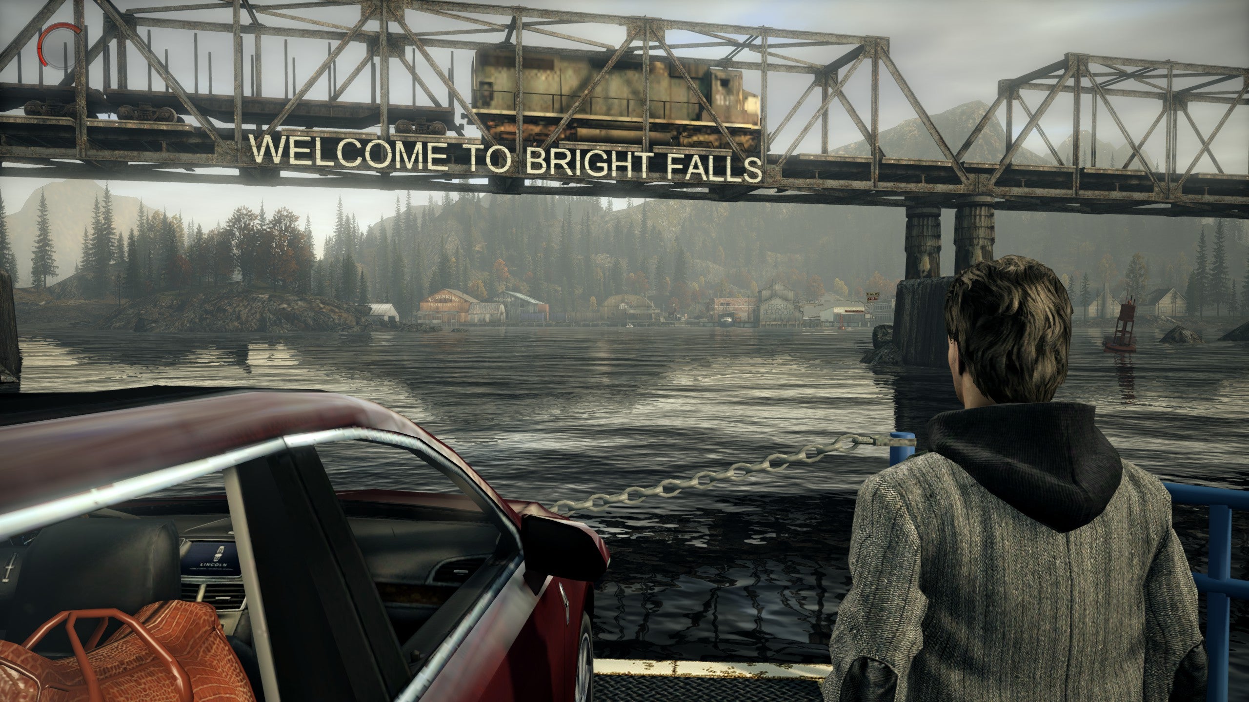 A screenshot of Alan Wake, showing Alan approaching a town on a ferry.