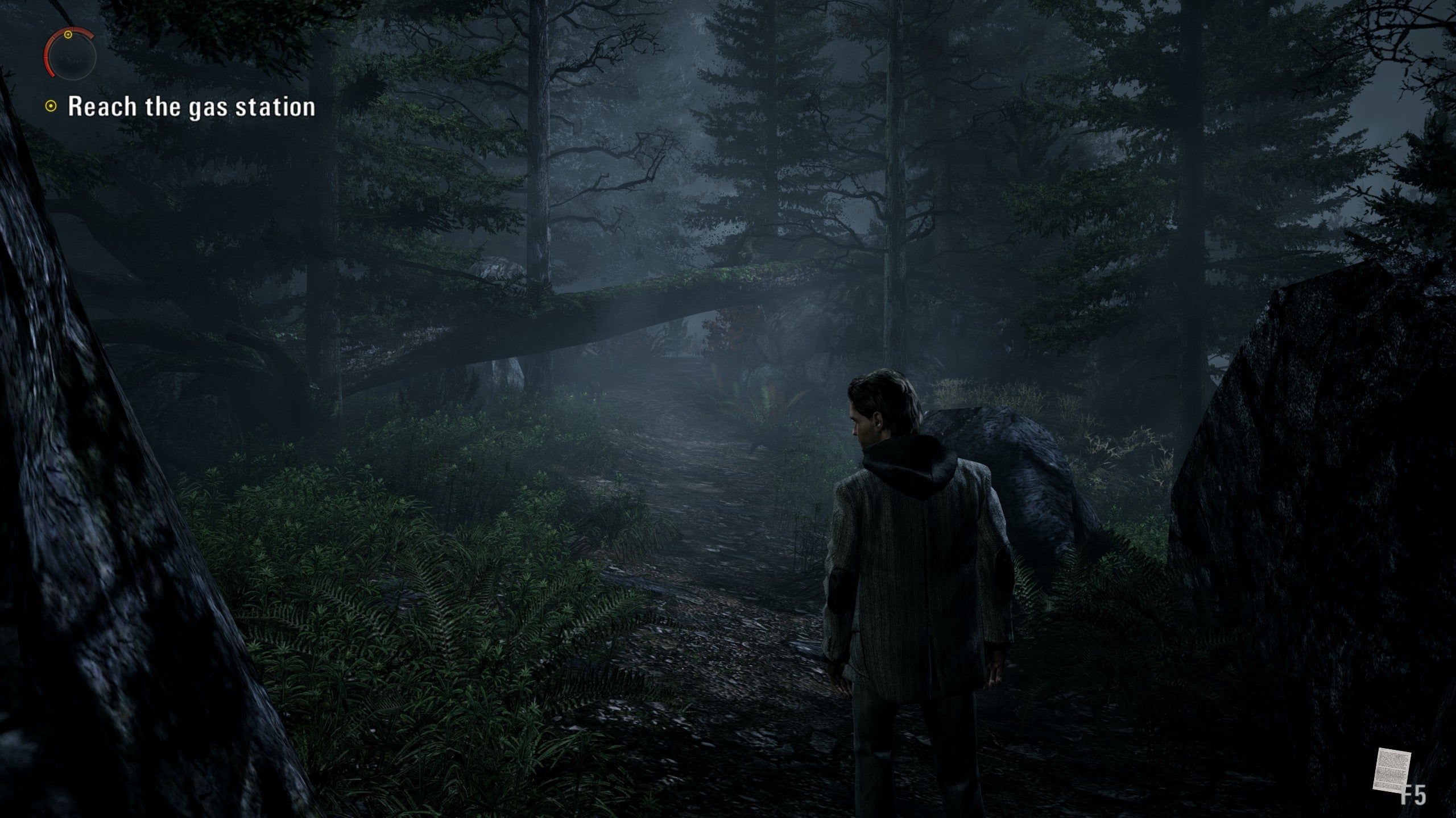 A screenshot of Alan Wake, showing Alan on a forest path.