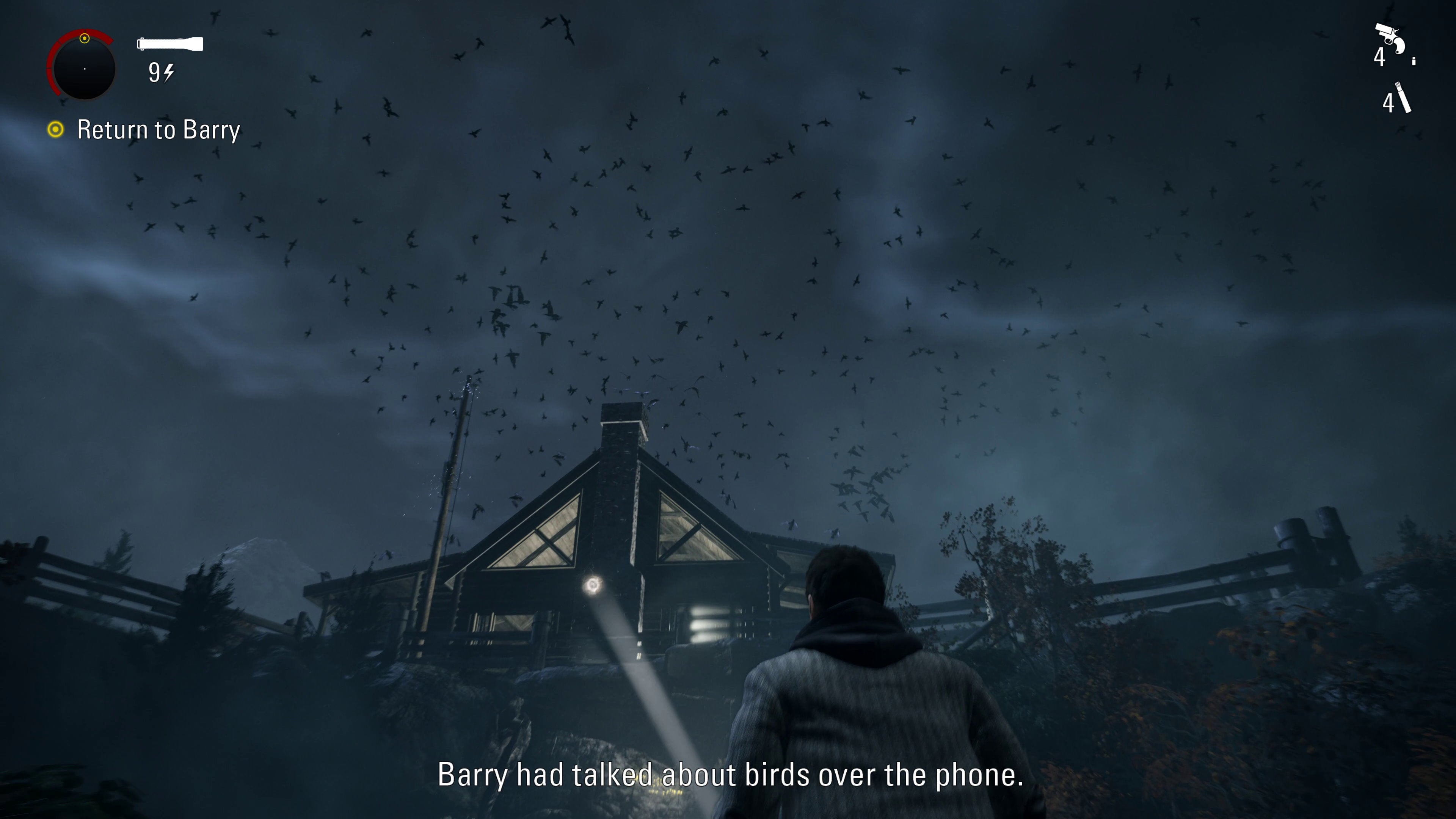 Alan stares up at a sky full of birds in Alan Wake Remastered