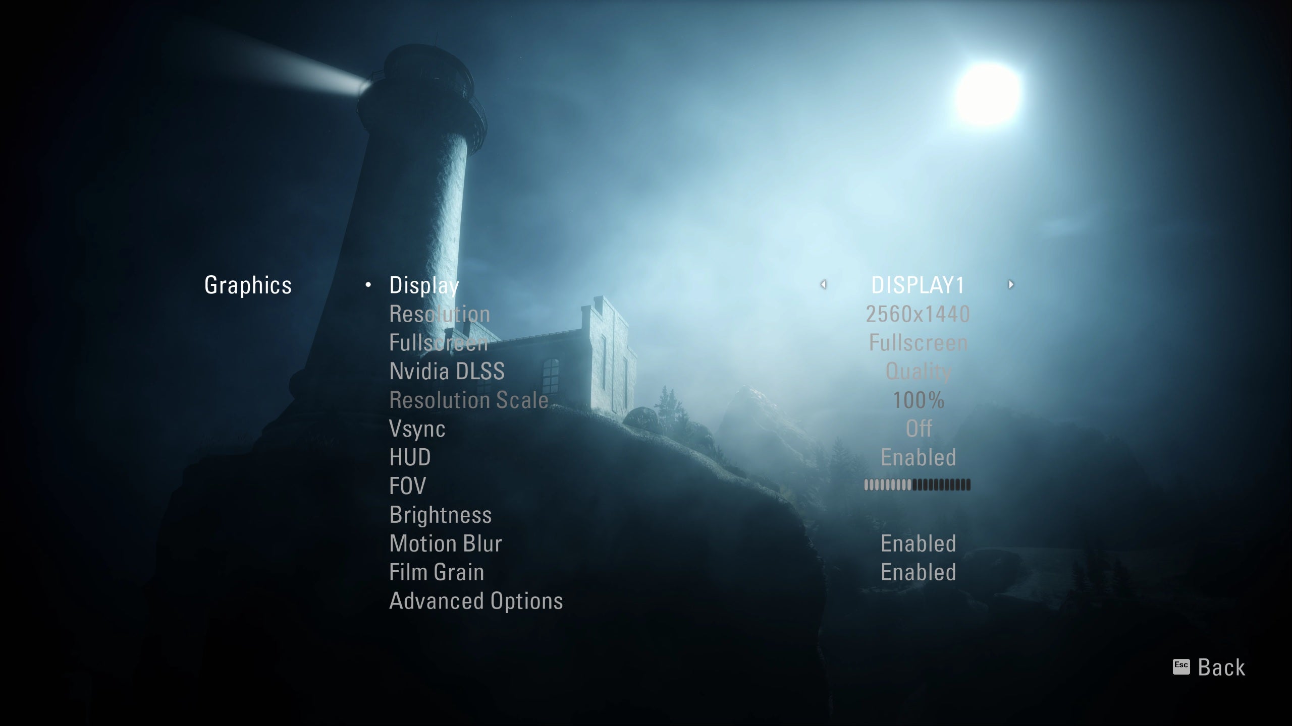 A screenshot of the graphics settings menu in Alan Wake Remastered.