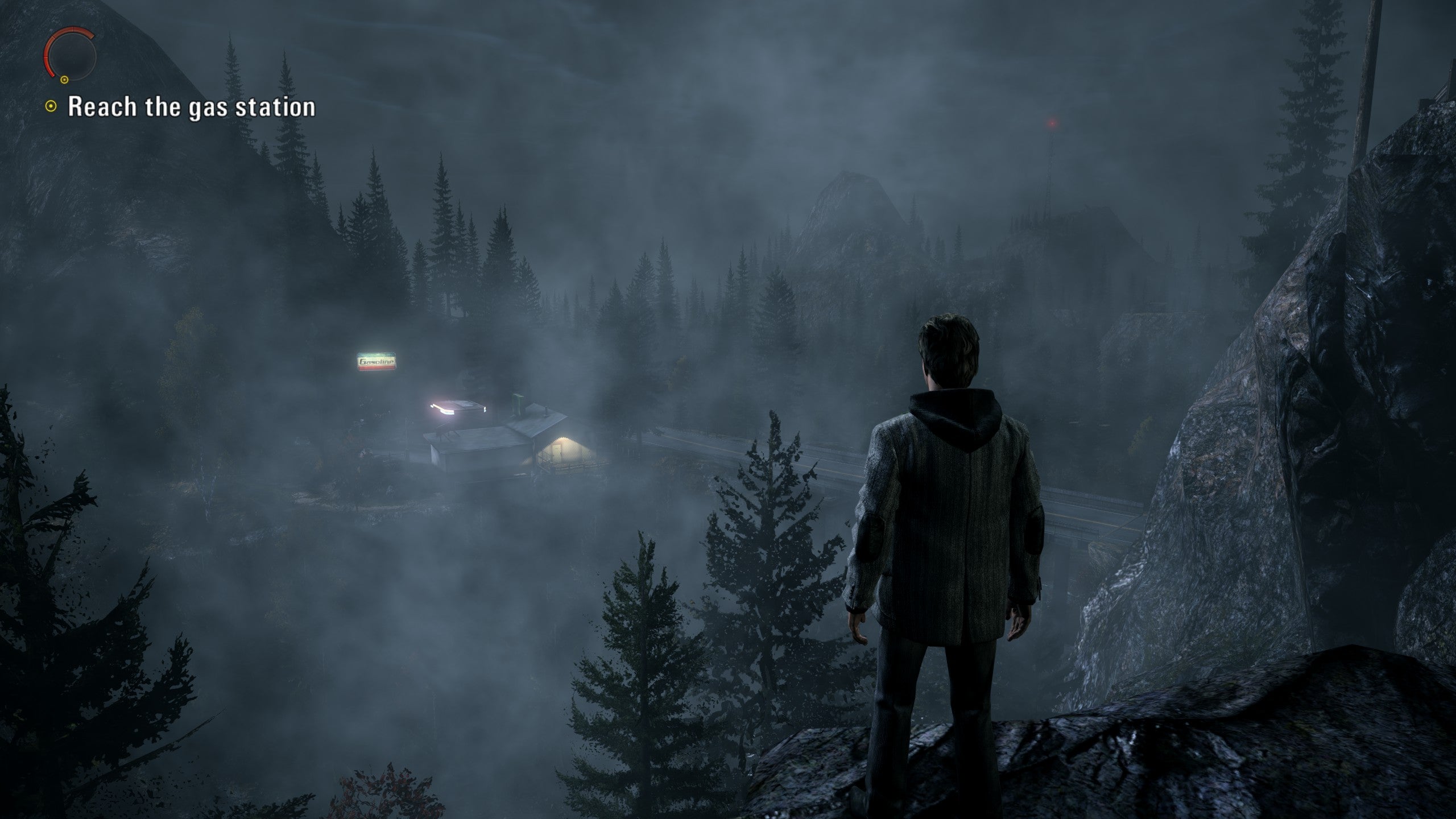 A screenshot of Alan Wake, showing Alan looking out across a forest ravine.
