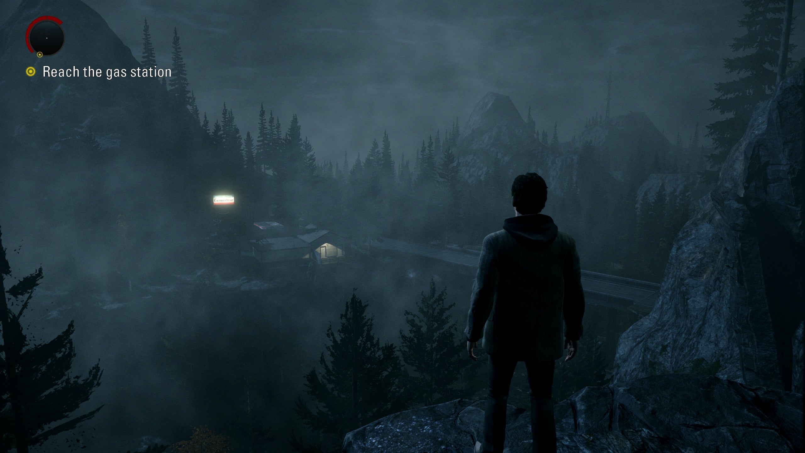 A screenshot of Alan Wake Remastered, showing Alan looking out across a forest ravine.