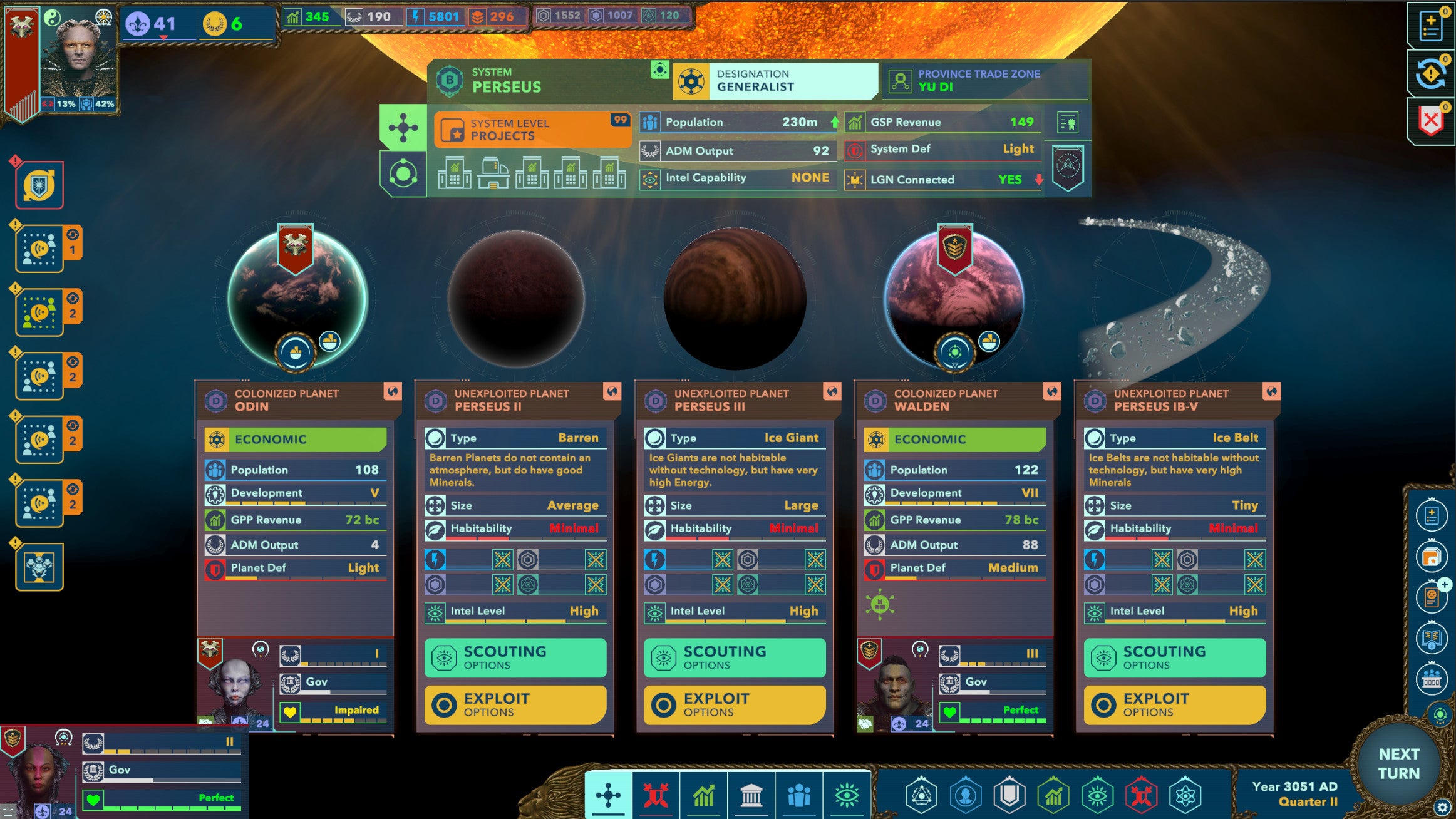Uma tela de menu mostrando as estatísticas de vários planetas em Alliance Of The Sacred Suns