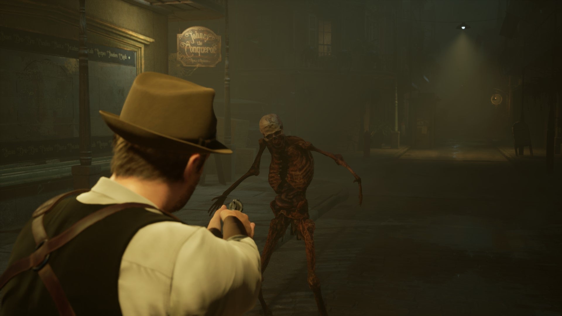 Edward aims his pistol at a skeleton in Alone In The Dark.