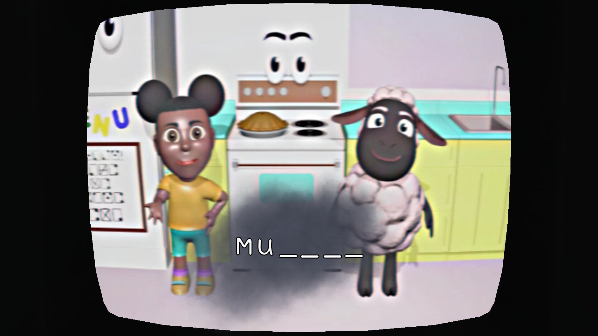 A CG girl and sheep look at the player through a television screen in Amanda The Adventurer