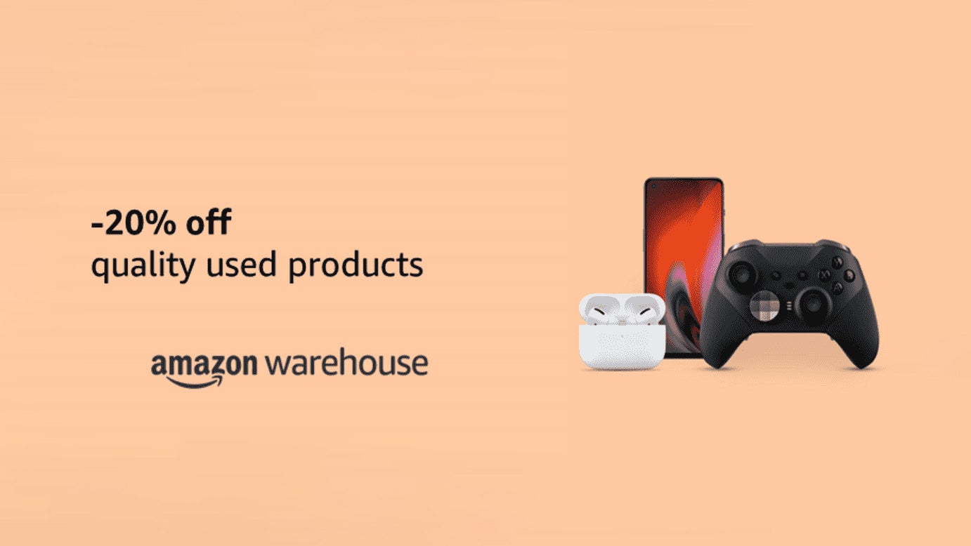 amazon's graphic advertising a 20% discount on amazon warehouse 'quality used' products