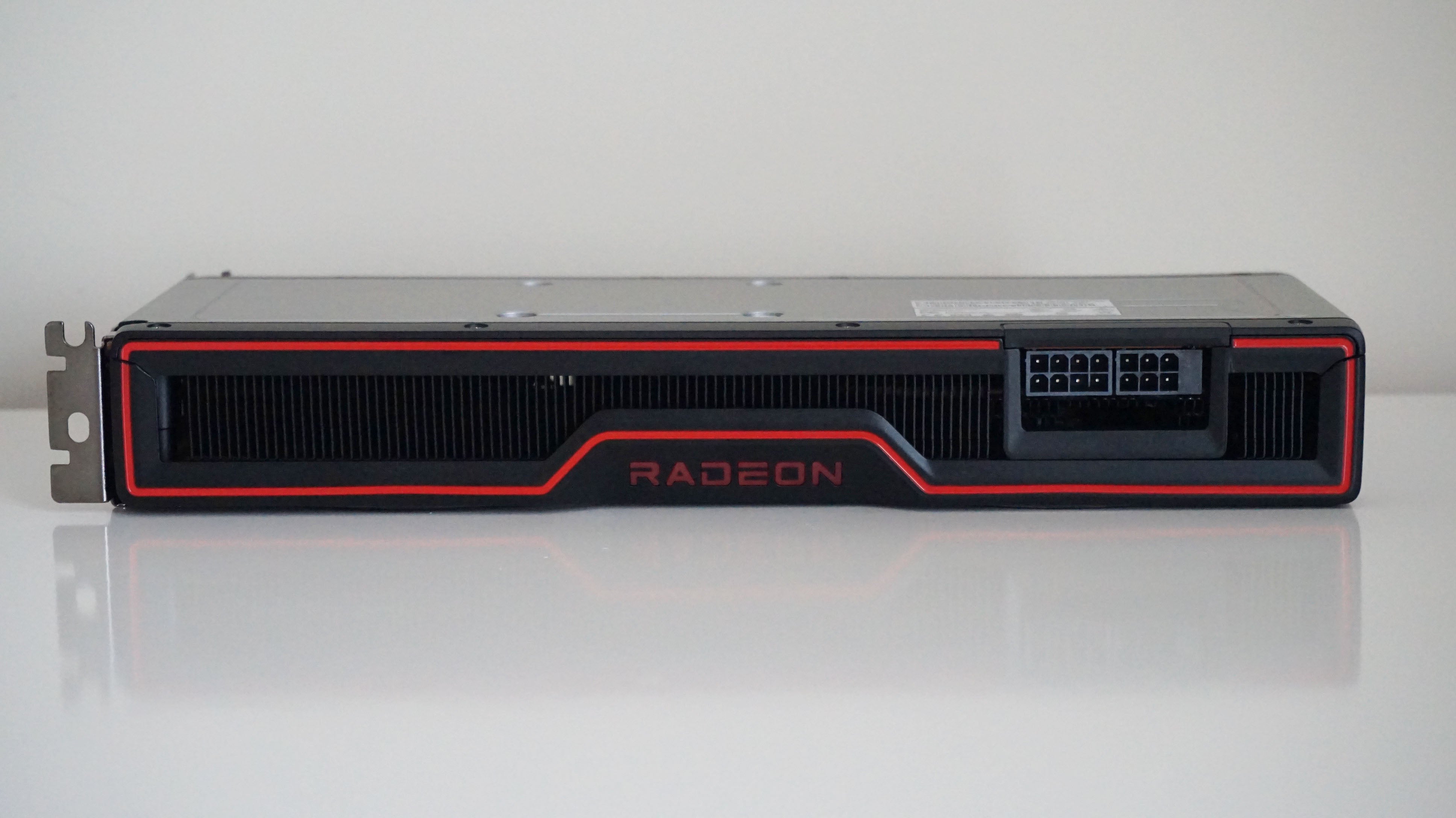 AMD's Radeon RX 6700 XT graphics card from the side, showing its 8 and 6-pin power connectors