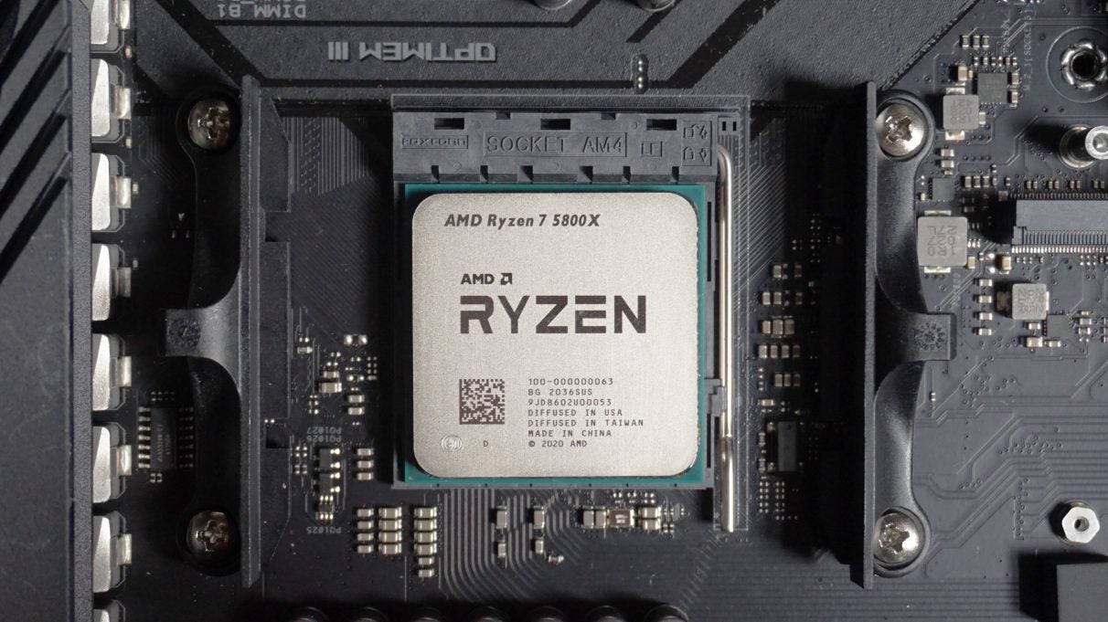 The AMD Ryzen 7 5800X CPU installed in a motherboard.