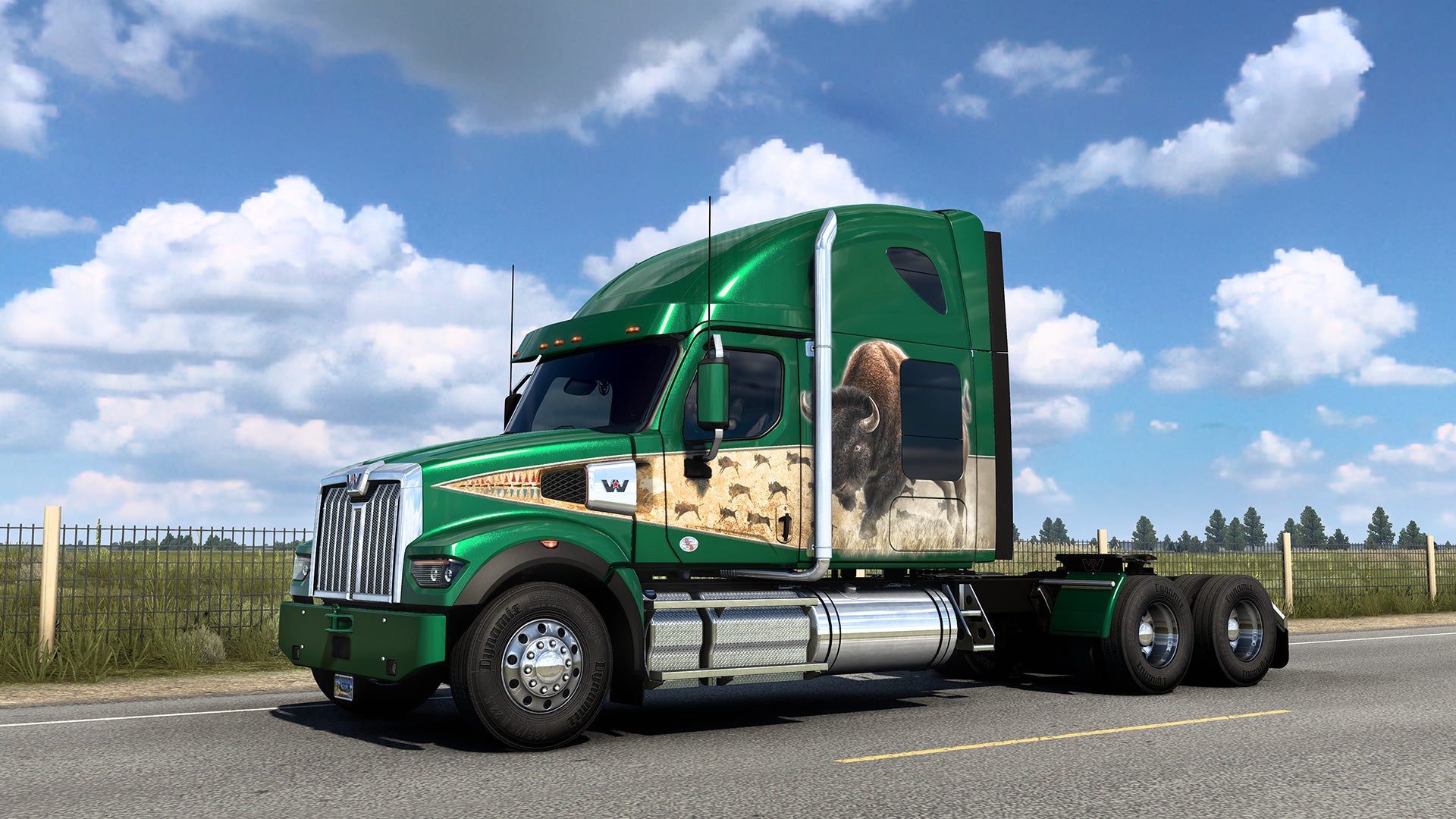 American Truck SImulator Wyoming DLC - An unloaded semi truck cab drives along an open road. The truck is green with a large bison painted on the side.