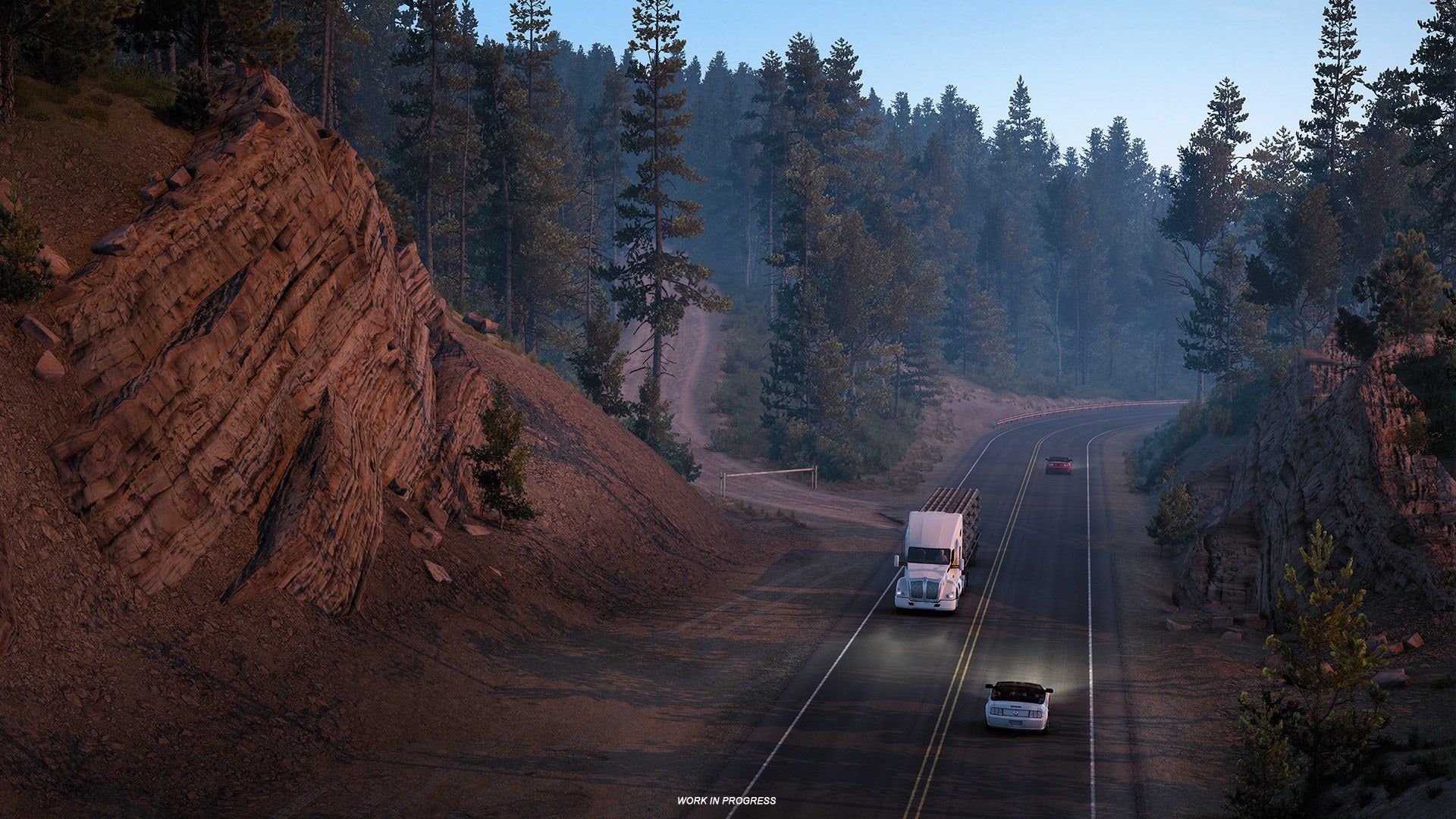Lots of trees behind a road with a truck on it driving towards the camera in American Truck Simulator's Montana DLC.