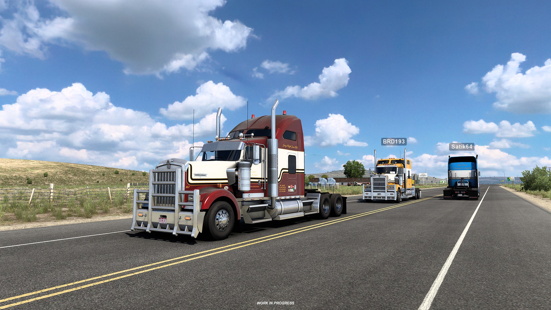 A convoy in a modded American Truck Simulator multiplayer screenshot.