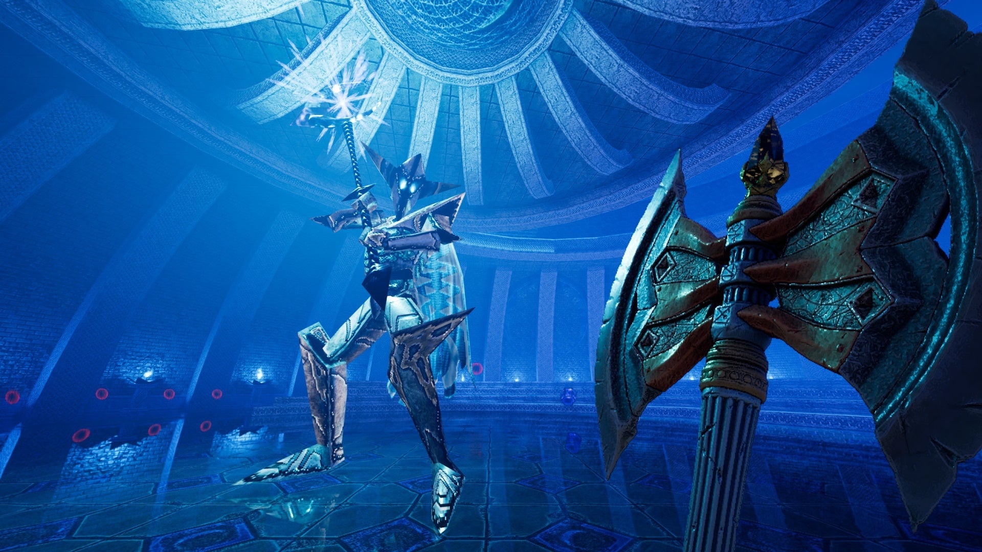 An image from Amid Evil which shows the player wielding a battle axe and stood toe-to-toe with a giant armoured enemy holding a staff.