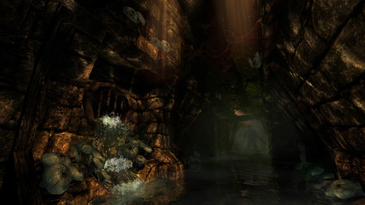 A dark tunnel in an underground cave in Amnesia: The Dark Descent