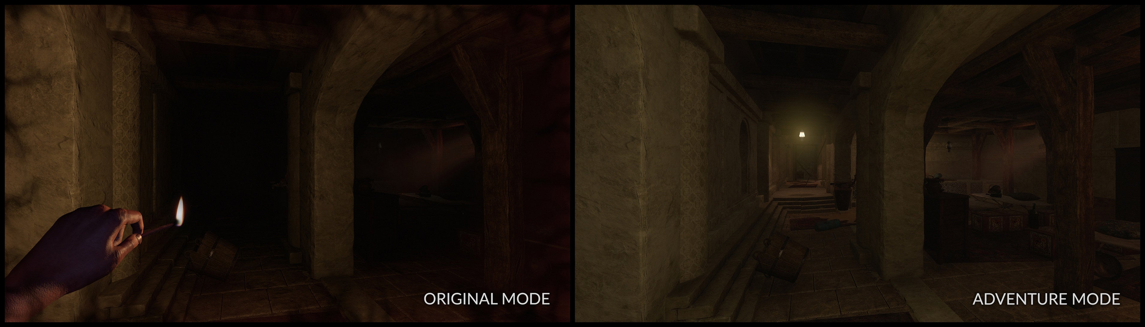A side-by-side comparison of the original Amnesia: Rebirth and its brighter Adventure Mode.