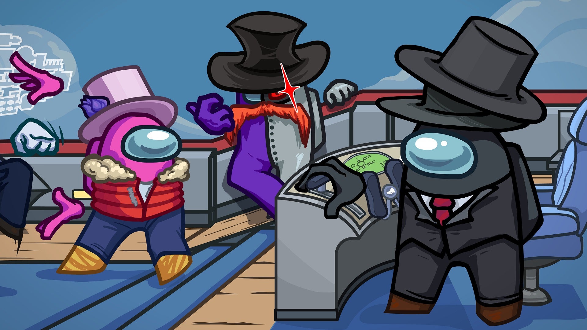 Some suspicious looking fellows with top hats hanging out in Among Us' upcoming Airship map.