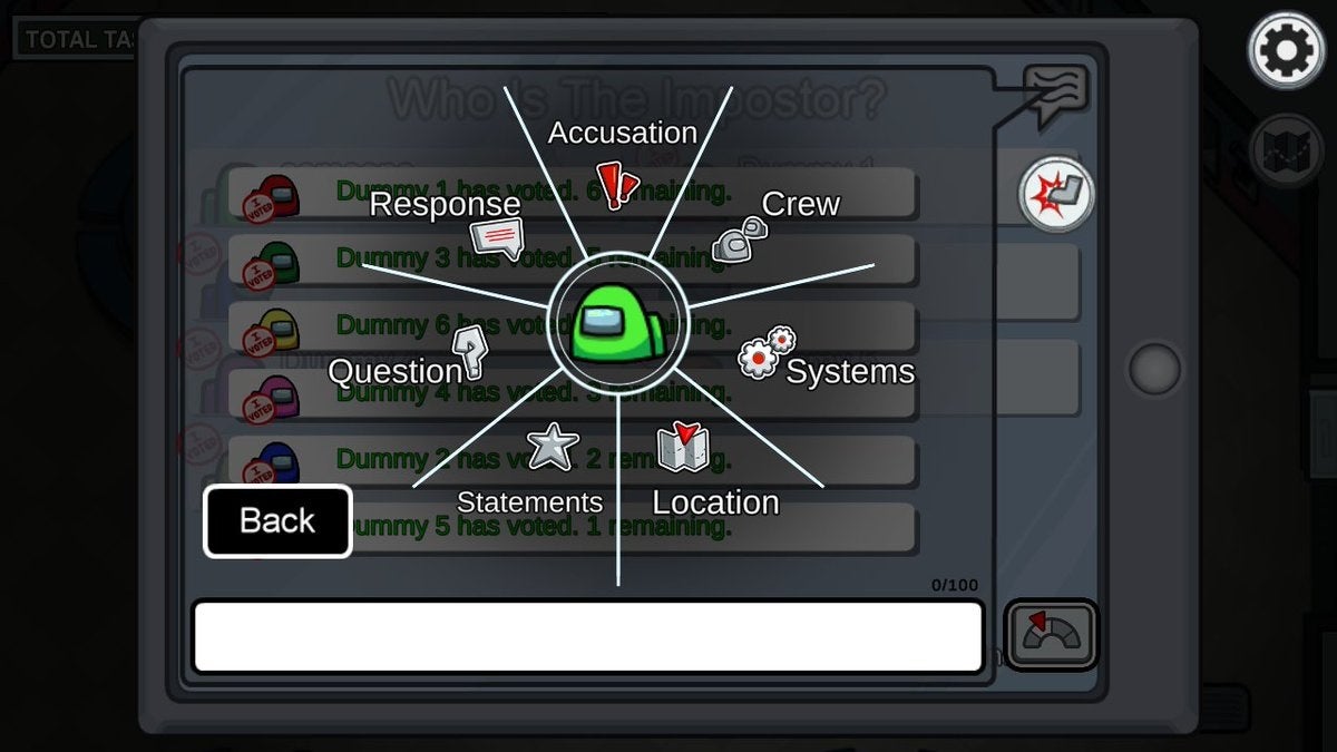 Among Us quick chat radial menu showing choices for: accusation, crew, systems, location, statements, question, and response.