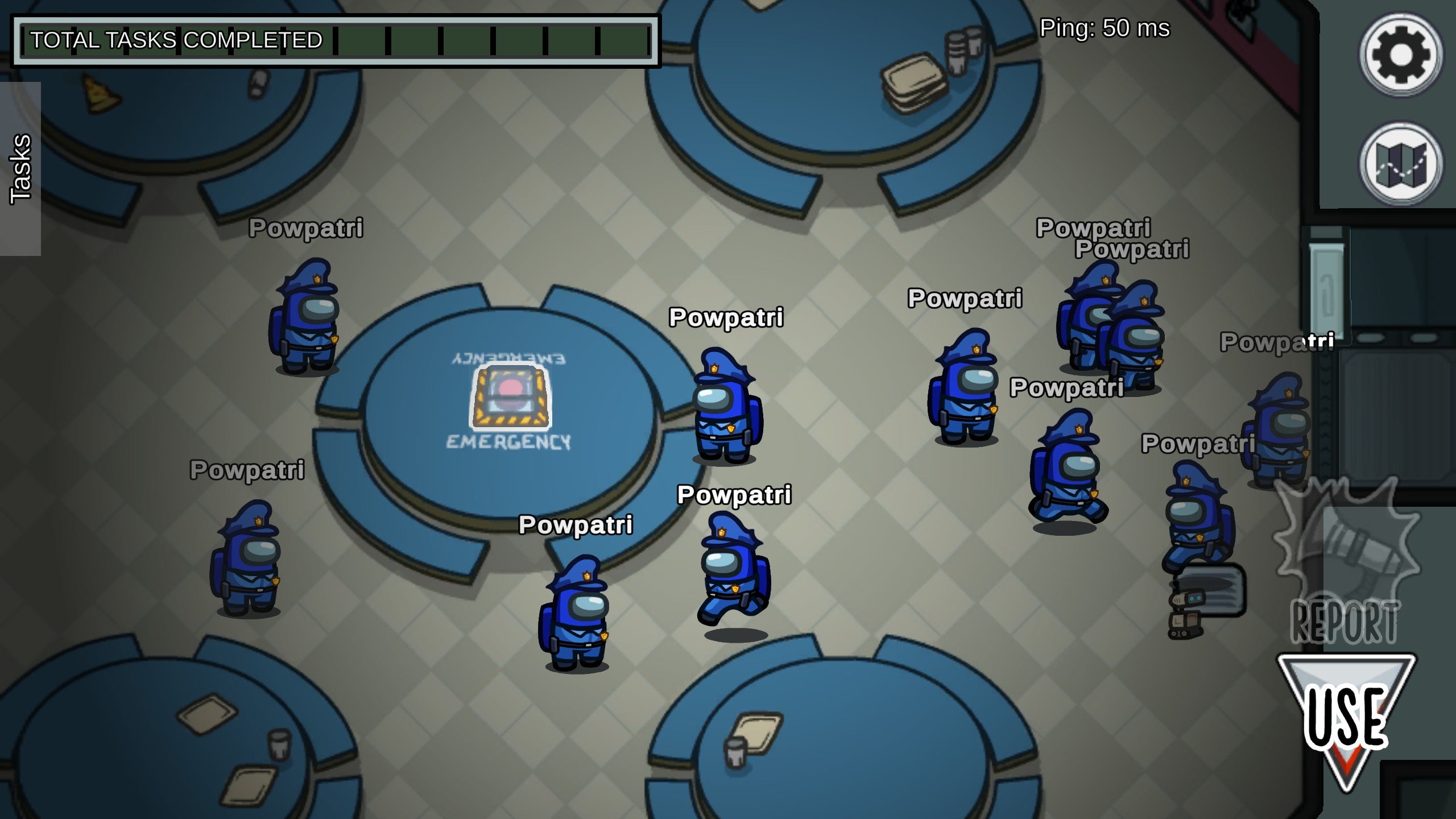 A bunch of blue characters dressed in police uniforms hang out in the cafeteria in the Skeld Among Us mod