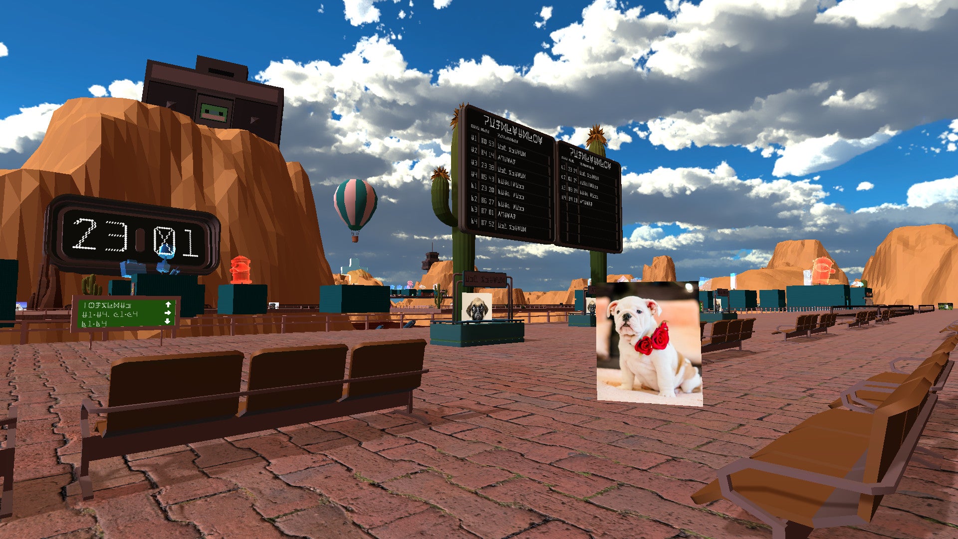 An image from An Airport For Aliens Run By Dogs which shows an airport waiting area on a mountainous planet. There's a hot air balloon rising in the distance and a white bulldog wearing a necklace of roses in front of you.
