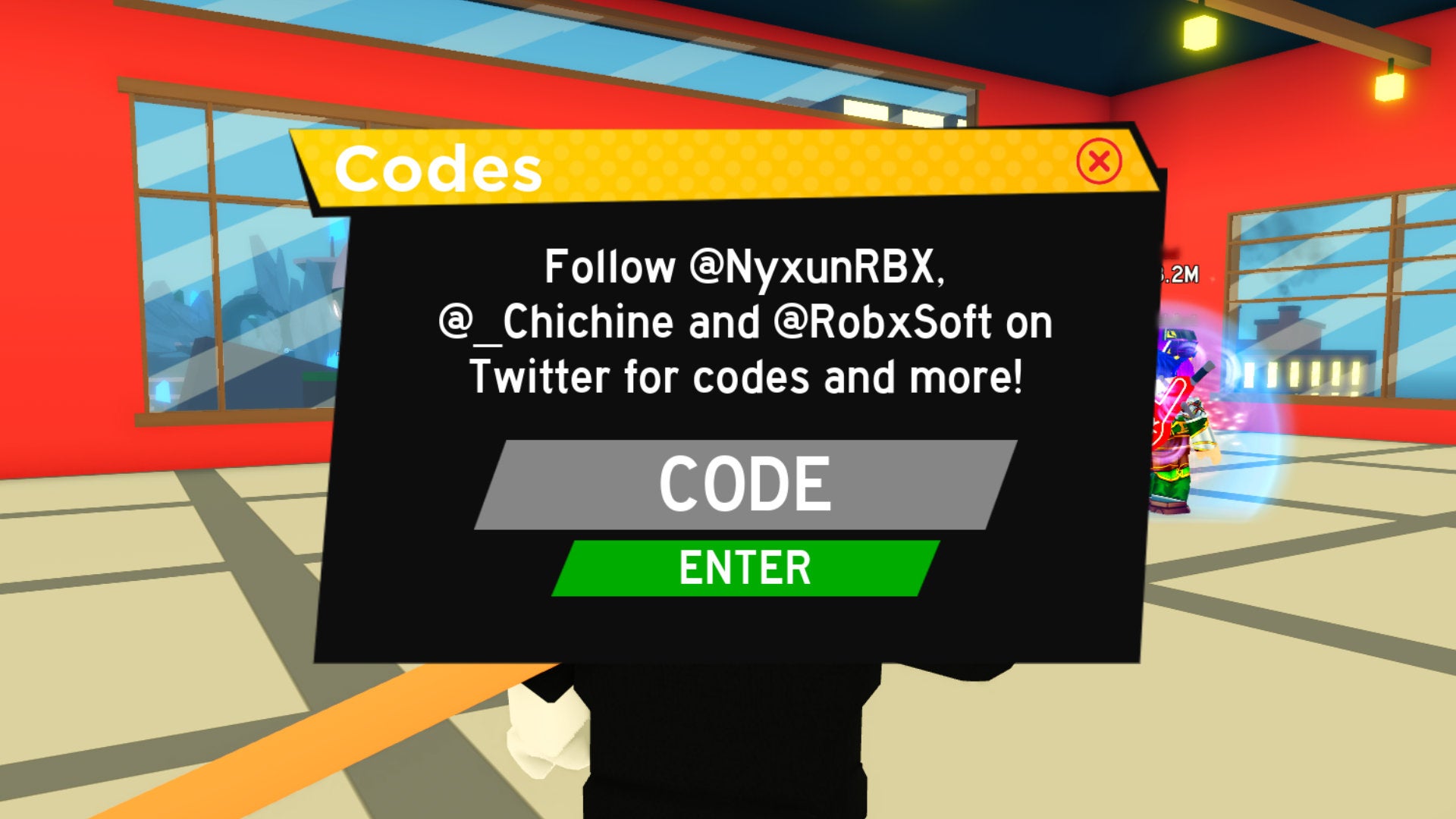 A screenshot from Anime Fighting Simulator, a Roblox training game, showing the screen where you can redeem codes for free in-game currency.