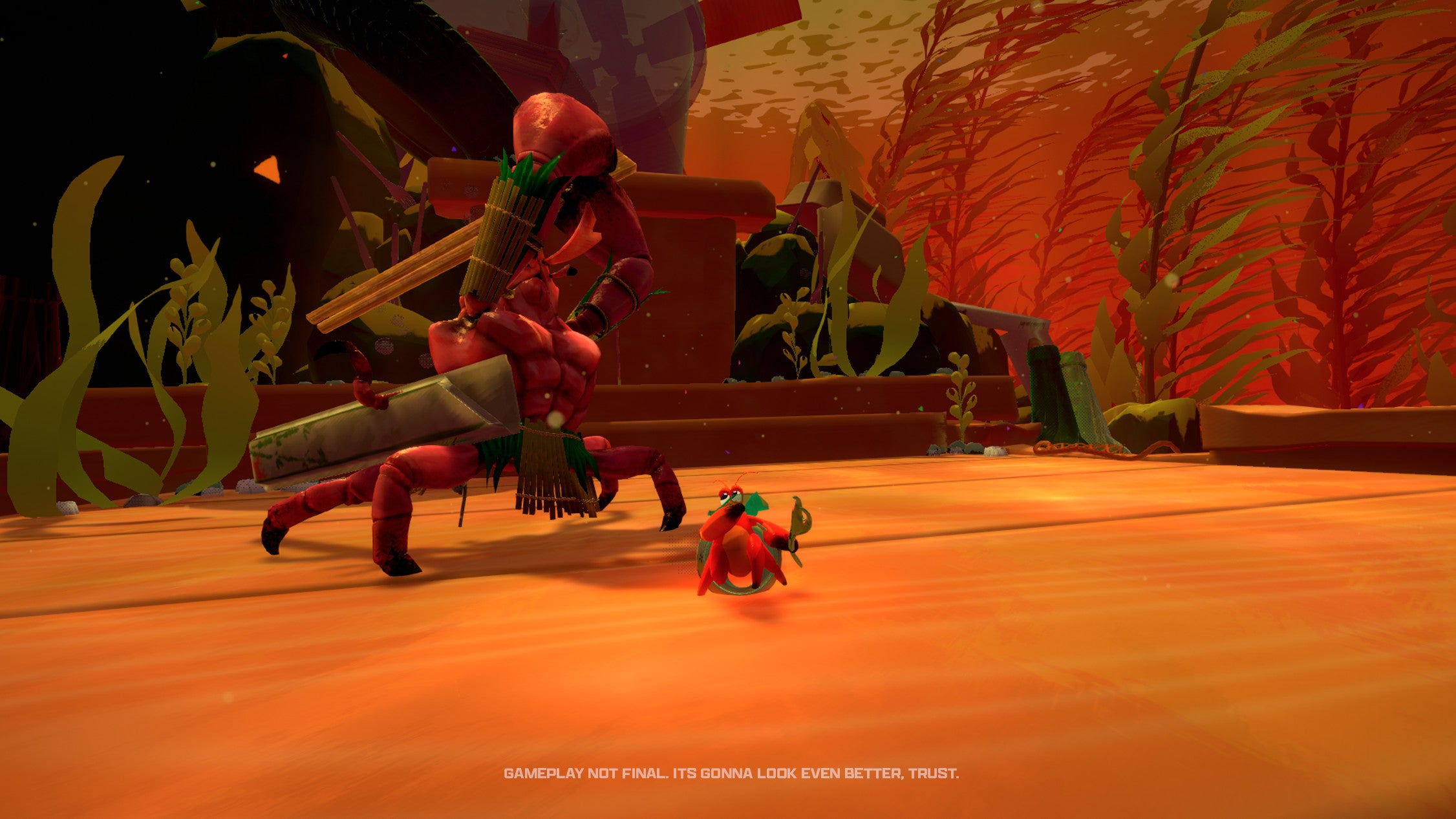 A screenshot of Another Crab's Treasure, showing a colourful hermit crab about to be attacked by a much bigger... lobster?