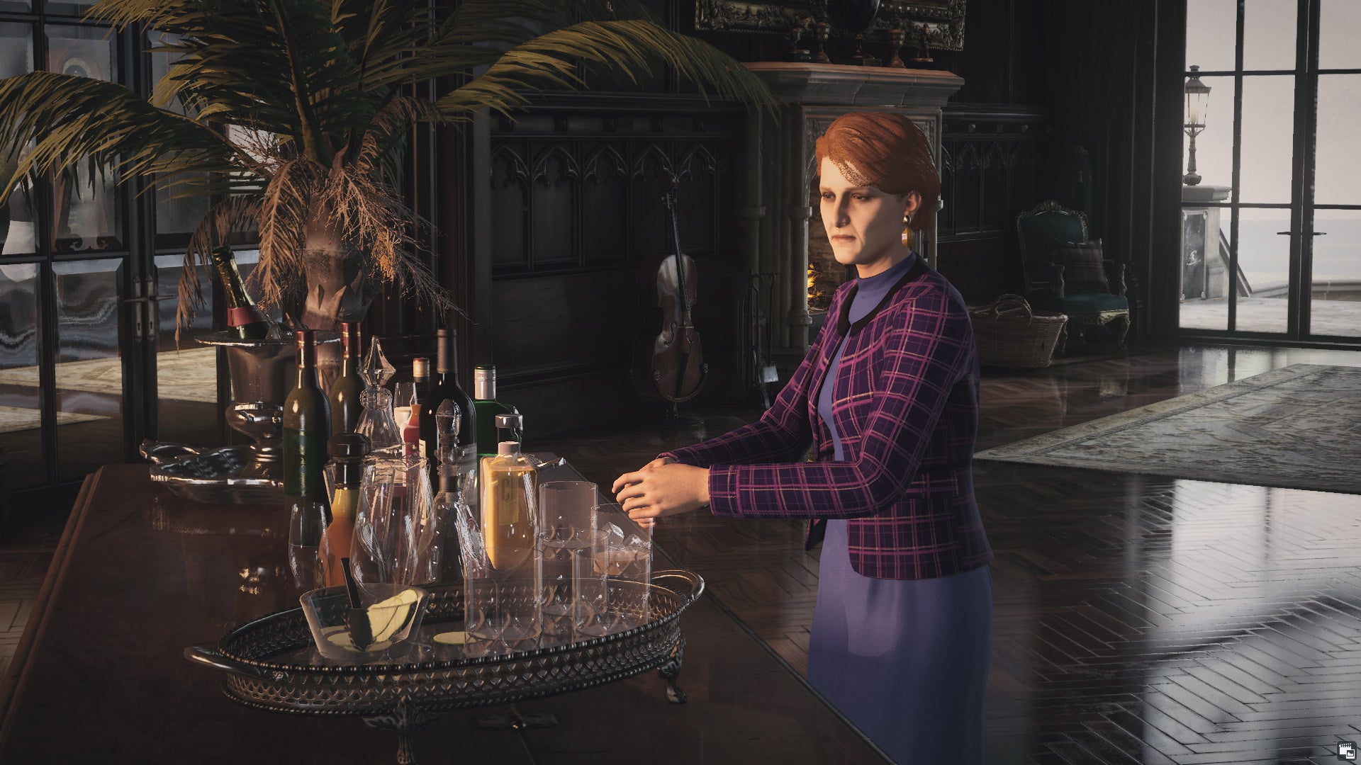 Emma Carlisle interfere com uma bebida no nível Dartmoor de Hitman 3.  Esta é a conclusão de Outra Morte na Família.