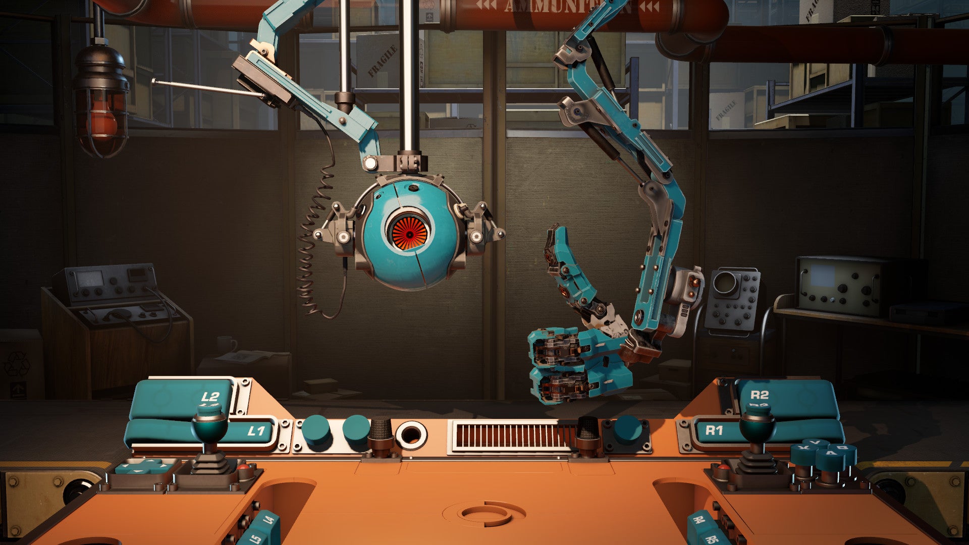 A screenshot of Aperture Desk Job, a free short game, showing a blue personality core giving thumbs up with a robot arm.