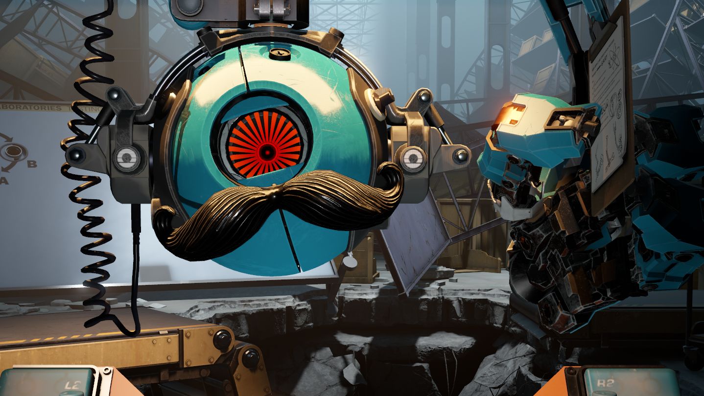 Brady, a blue circular robotic AI core, looks at the player character in Aperture Desk Job. Brady is wearing a fake moustache