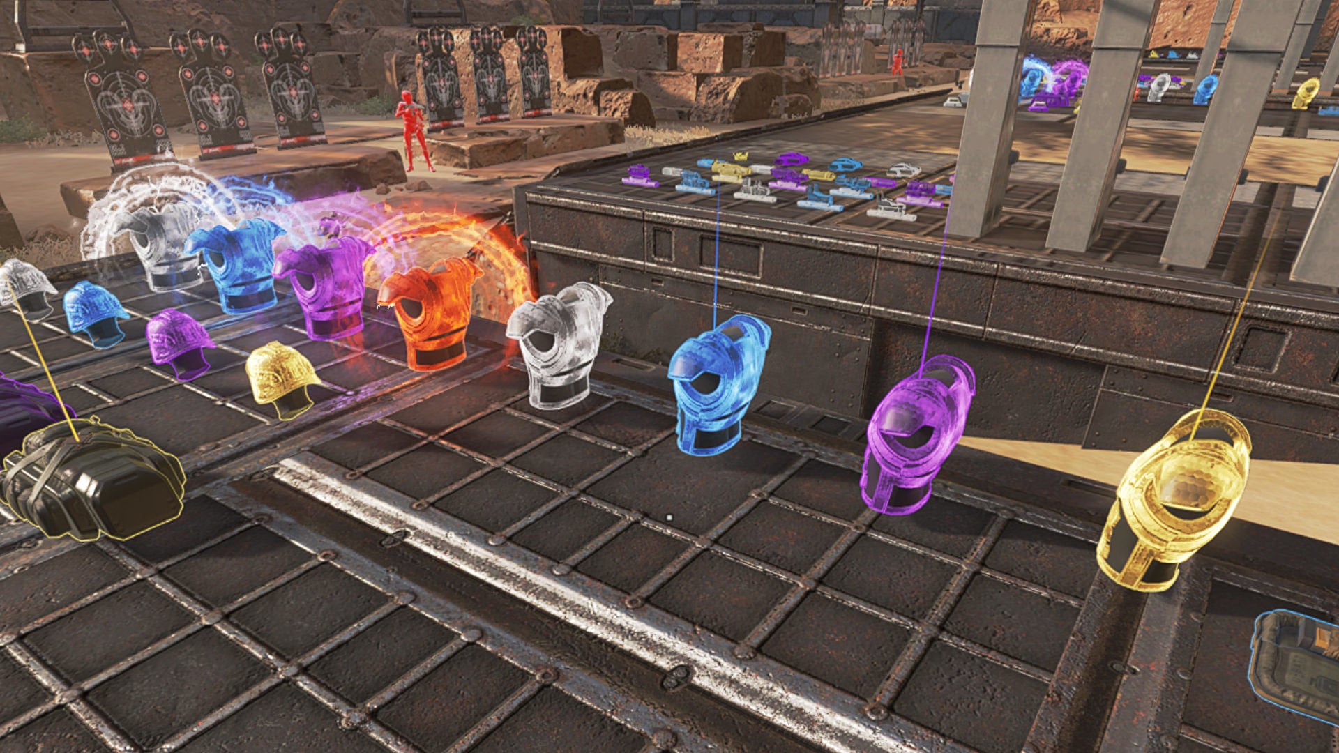 An Apex Legends screenshot of various pieces of Gear and Armor in the Firing Range.