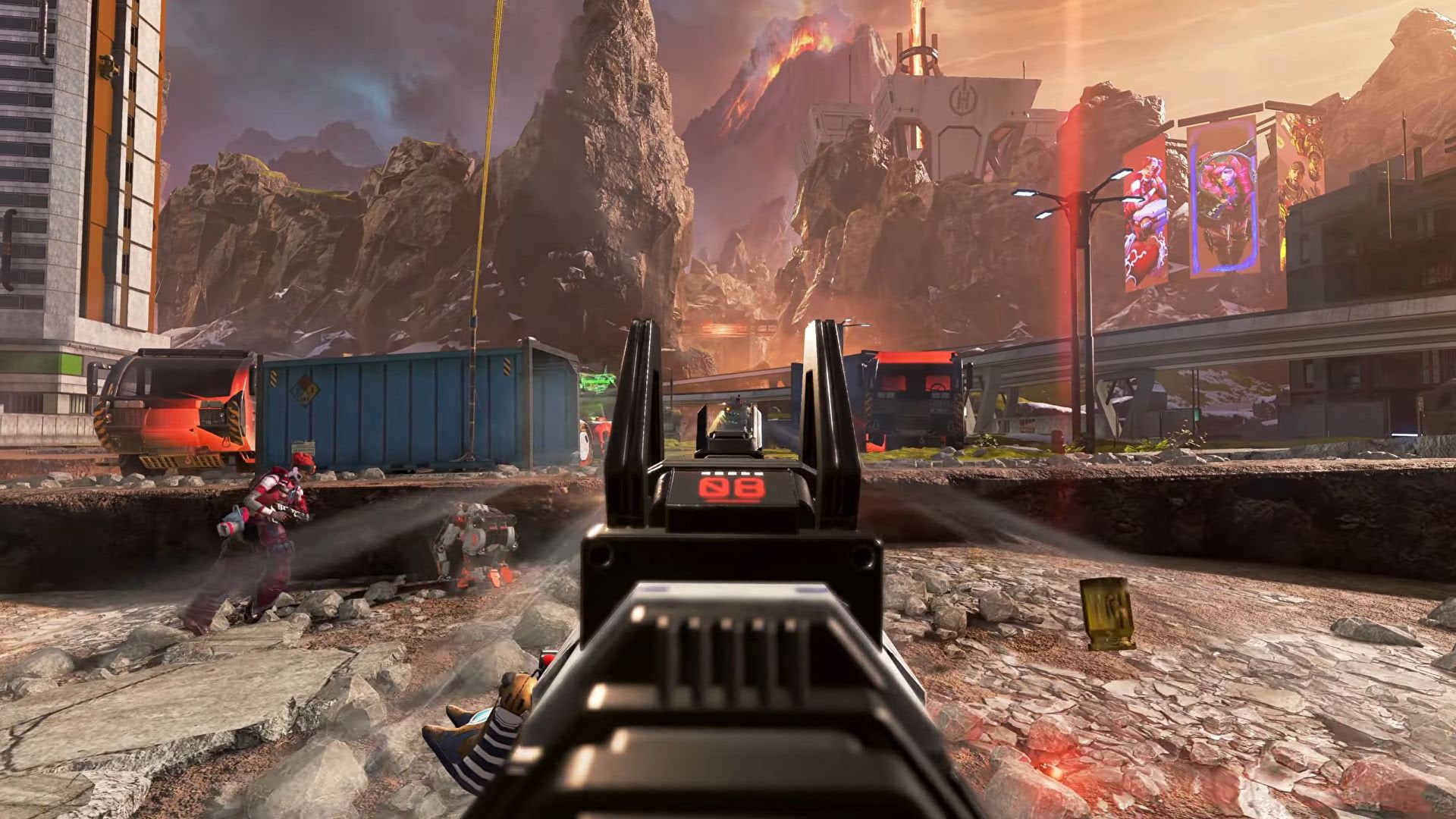 An Apex Legends screenshot of the player aiming down sights on the World's Edge map and shooting at an enemy.