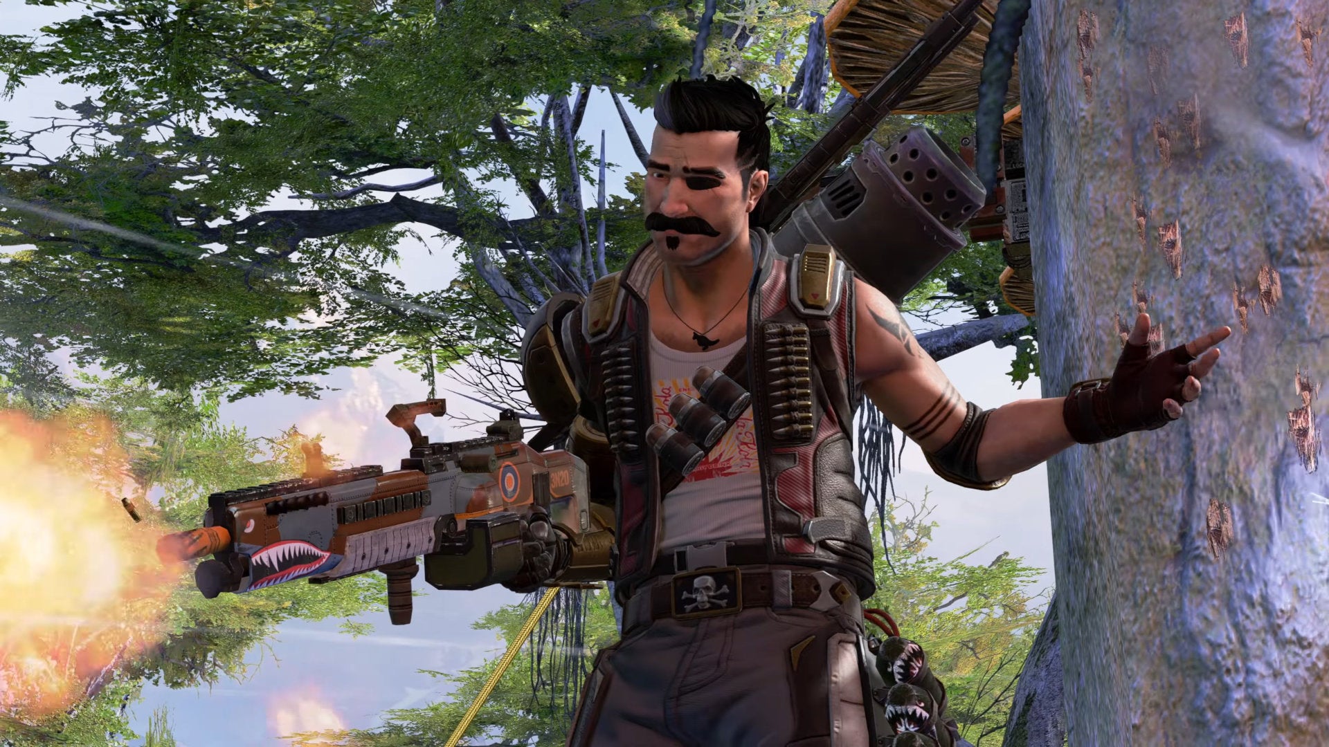 An Apex Legends screenshot of Fuse standing on the branch of a tree and firing his weapon.