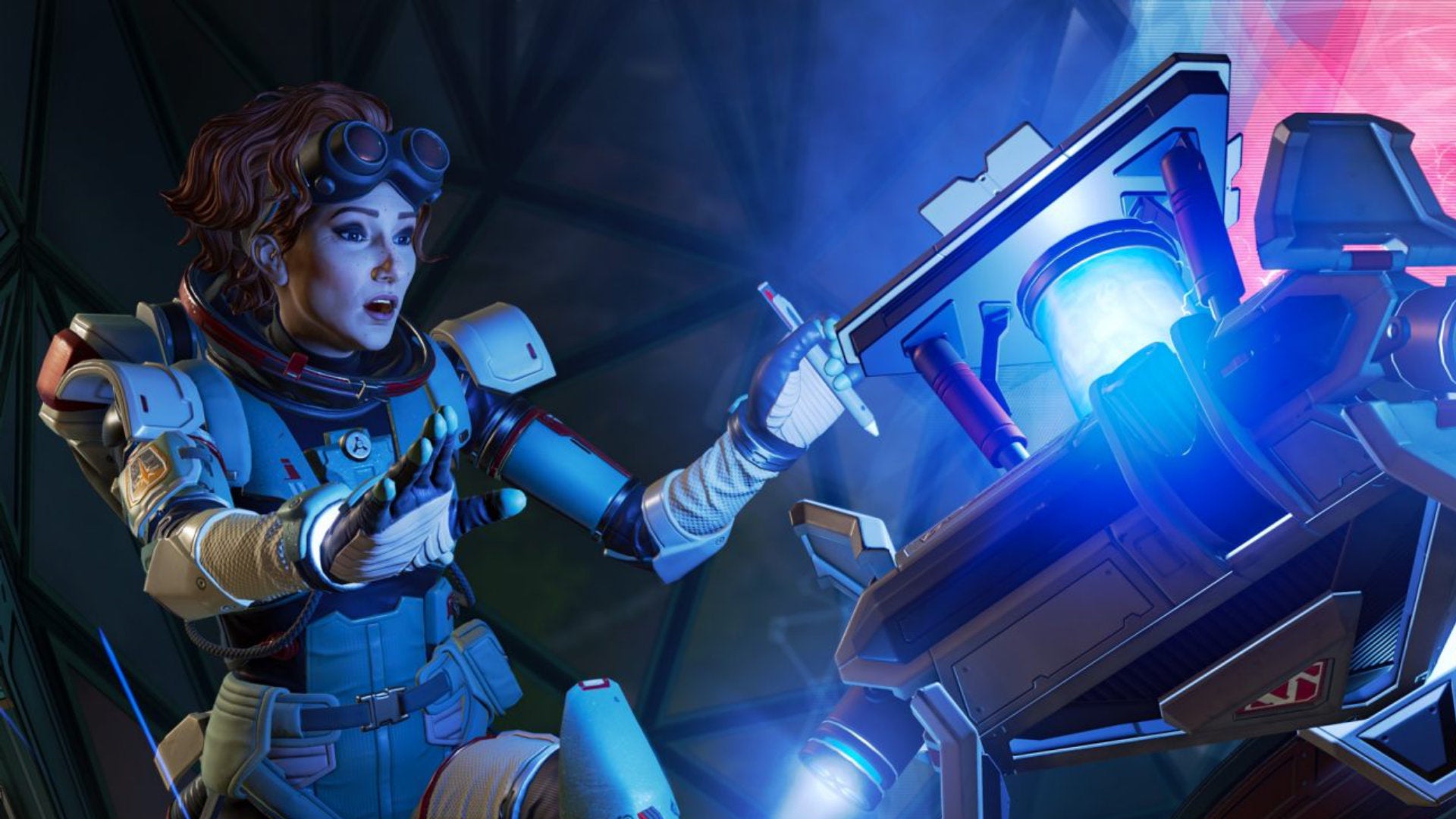 A close-up of Horizon, an Apex Legends character, using one of her abilities.
