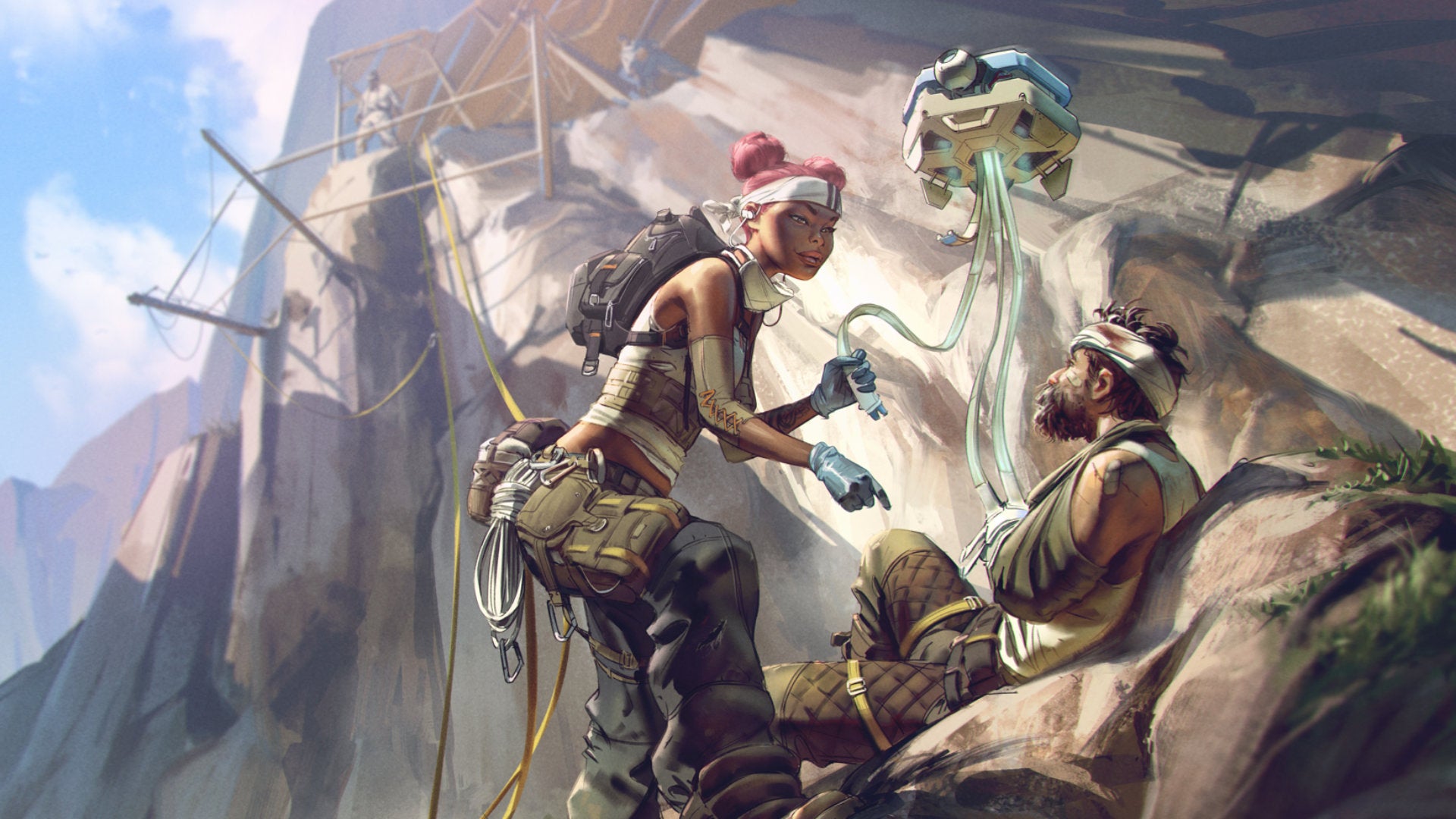 Some Apex Legends concept art of Lifeline using her Drone to heal a wounded ally.