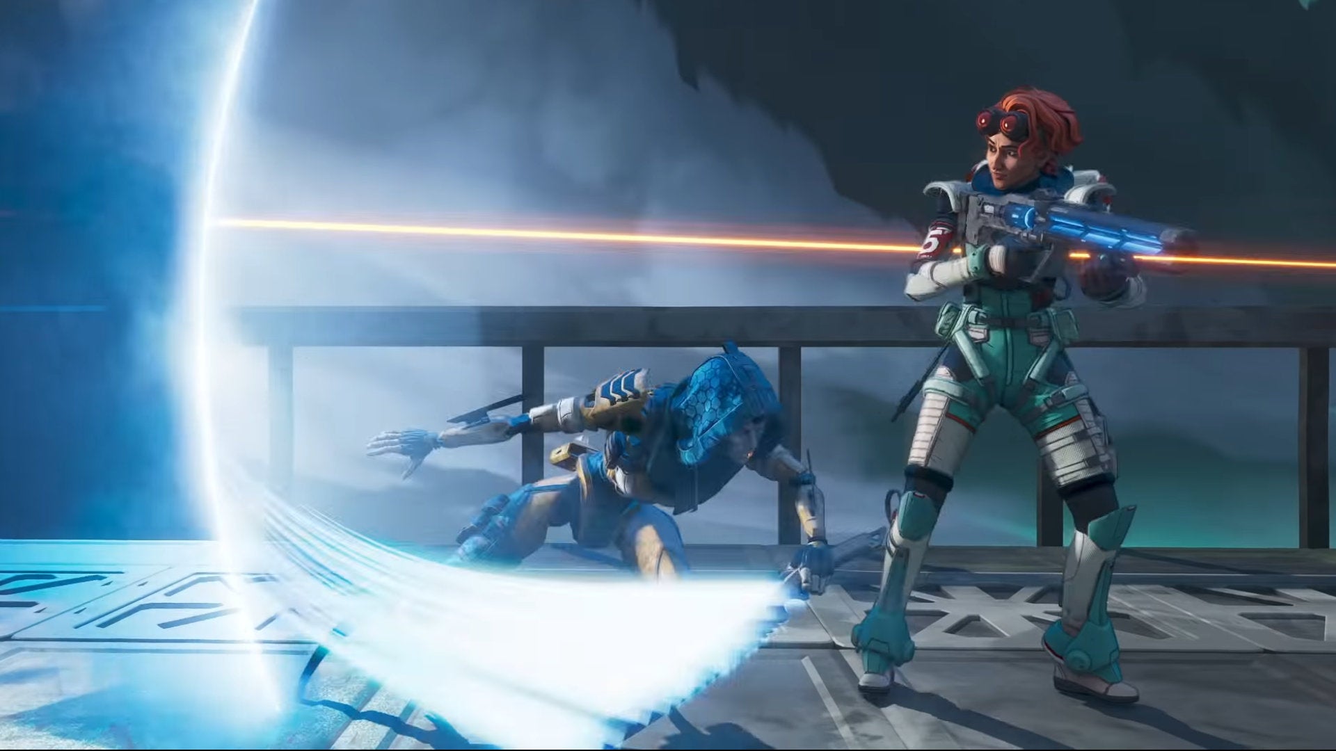 From an Apex Legends cinematic: Ash rushes out of her Ultimate ability portal to attack Horizon from behind.