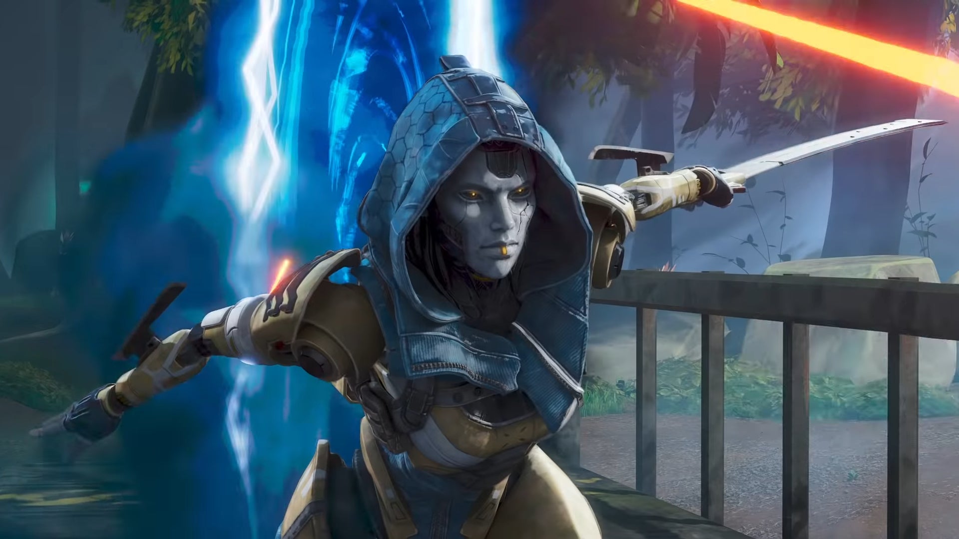 Ash exits one of her portals with her sword at the ready in Apex Legends.