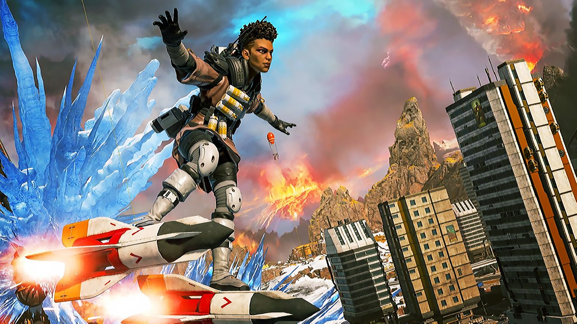 Bangalore from Apex Legends standing on top of a rocket