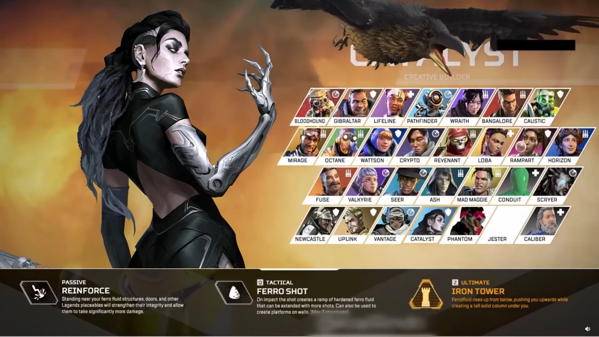 A leaked screenshot of the Legend select screen from a pre-release build of Apex Legends showcasing upcoming Legend Catalyst and her abilities.