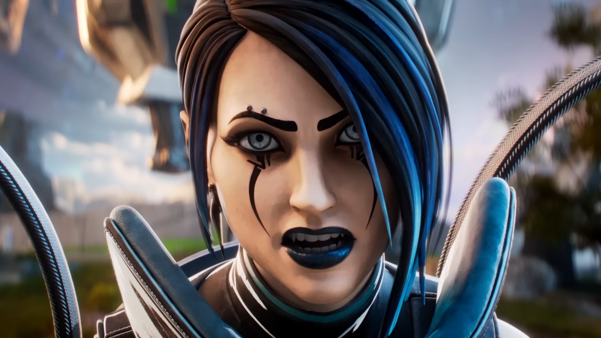 A close up of the face of Catalyst, an Apex Legends character, from the Season 15 launch trailer.