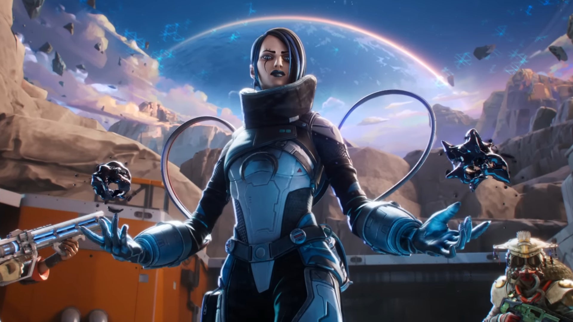 Catalyst, a Legend in Apex Legends, stands in front of the camera with her team, holding two balls of Ferrofluid.