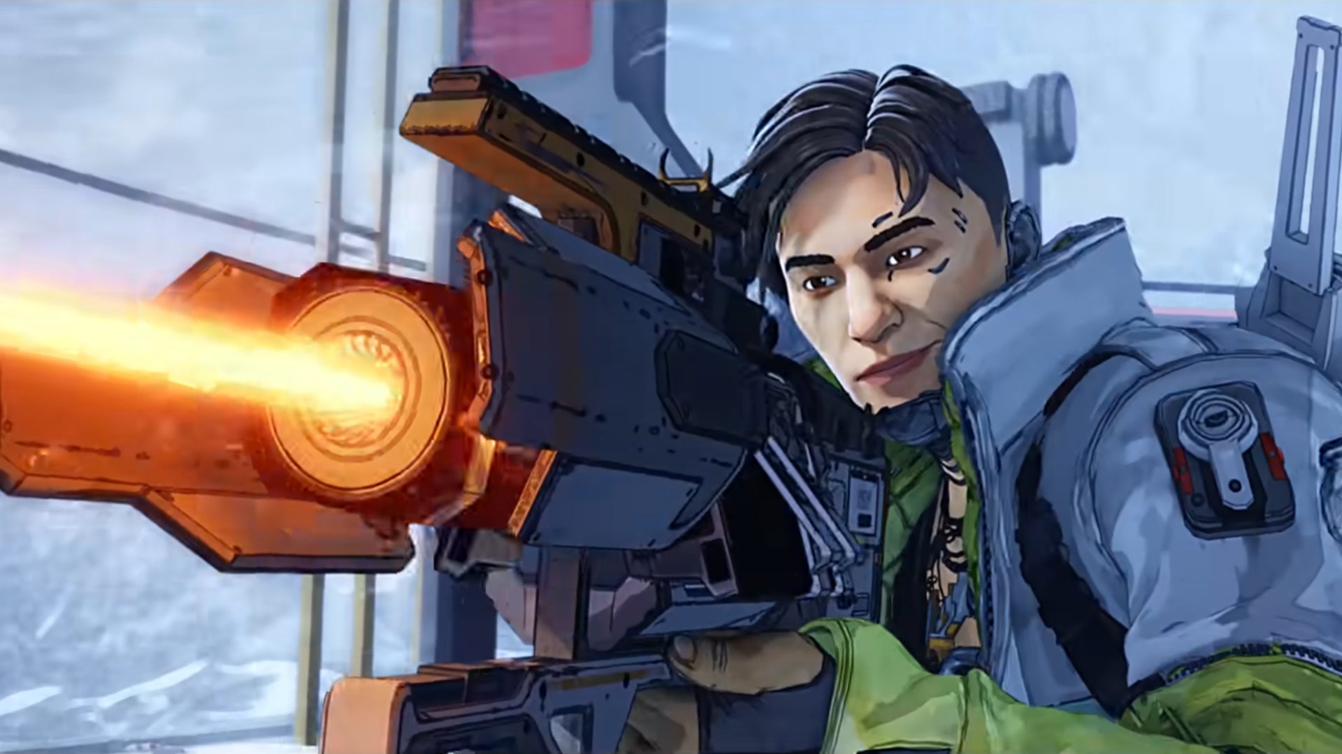 Crypto aims and fires a Charge Rifle in Apex Legends.