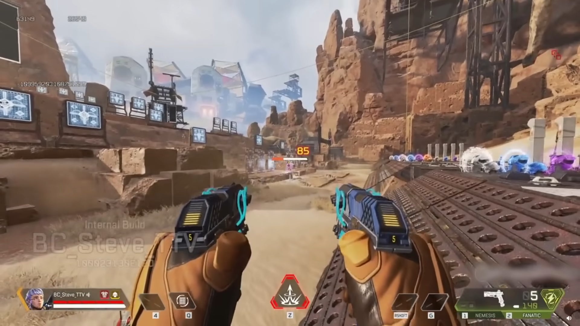 A screenshot of a player in a pre-release build of Apex Legends wielding the Fanatic pistols akimbo in the Firing Range.