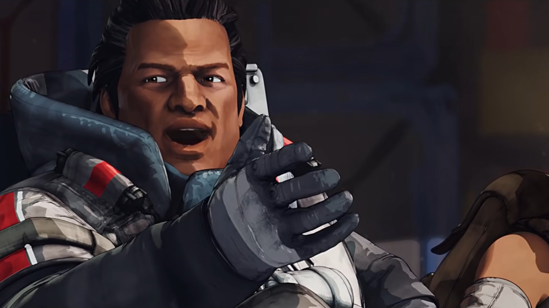 Gibraltar sits and gestures animatedly while talking in Apex Legends.