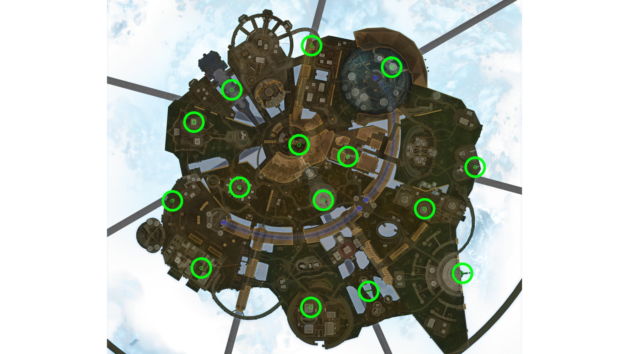 A map of Olympus in Apex Legends, with all the possible holo spray locations for the Season 9 Invitation challenge highlighted.