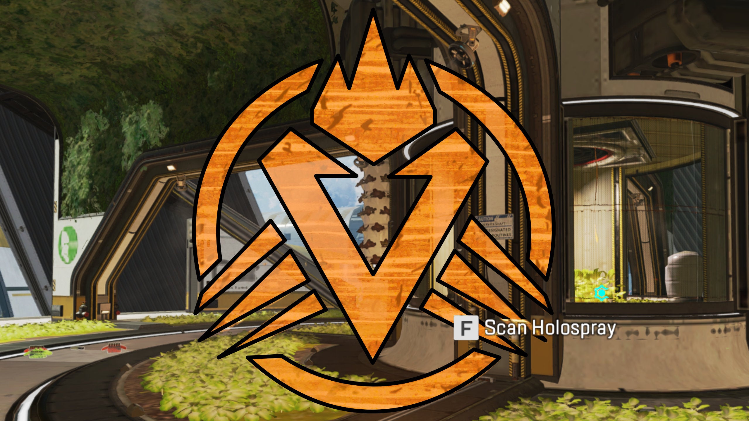 A screenshot of one of the Season 9 teaser holo sprays in Apex Legends. The image has been edited to highlight the holo spray symbol.