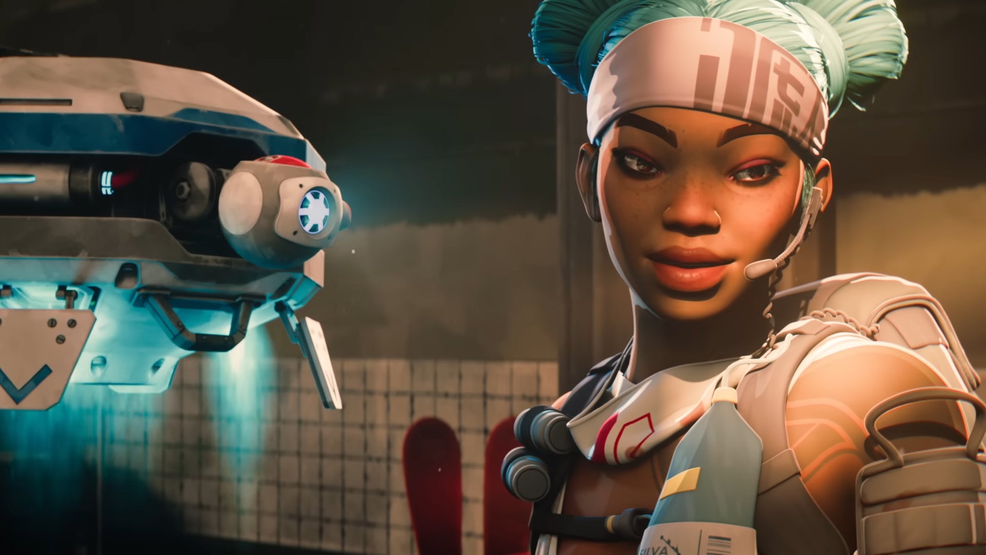 Lifeline looks down at a patient next to her Drone Of Compassion in Apex Legends.