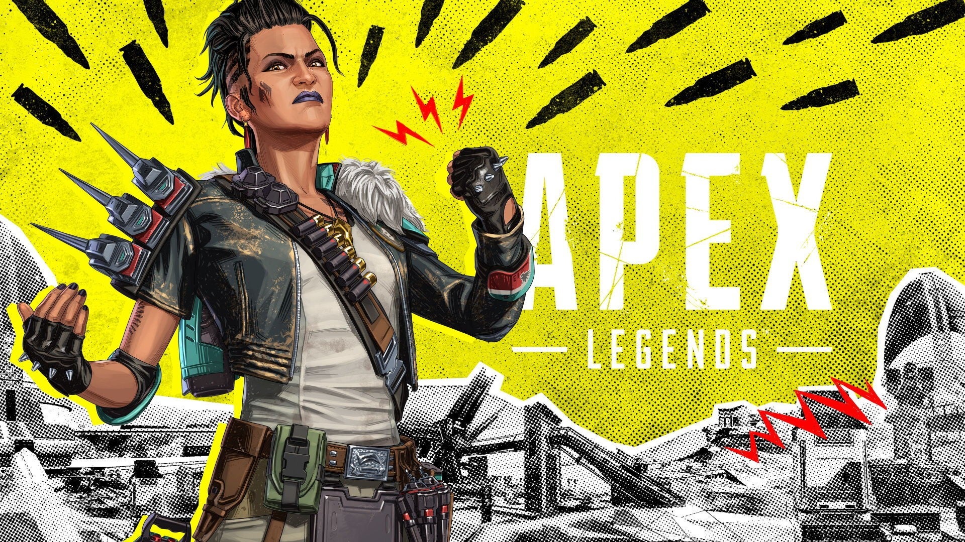 New Apex Legends character, Mad Maggie, against a yellow background. Bullets and lightning bolts are drawn around her.