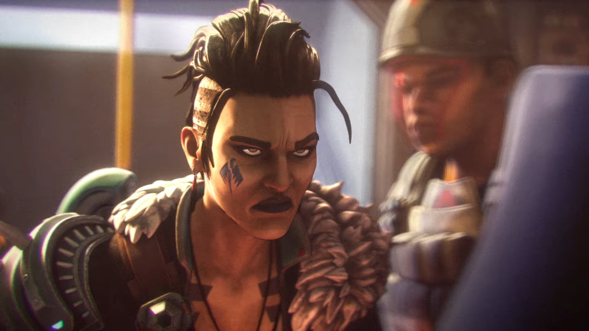 Mad Maggie looks angrily towards her jailors in Apex Legends.