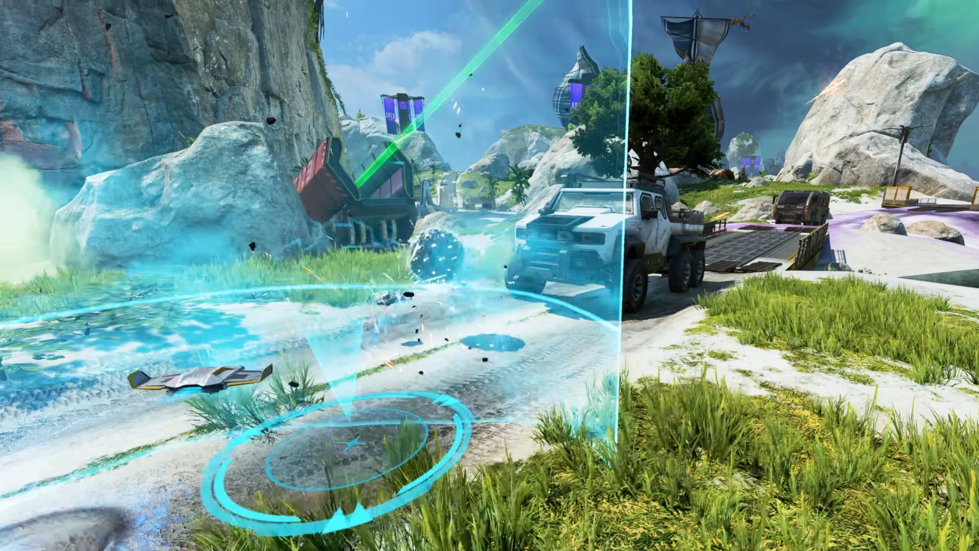 Newcastle in Apex Legends places down his Mobile Shield to reflect Mad Maggie's Wrecking Ball.