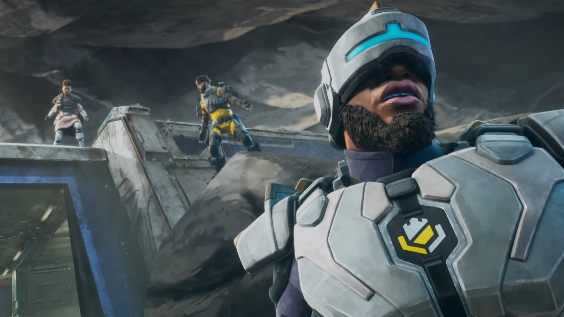 A still image from the Apex Legends Season 13 Launch Trailer, showcasing Newcastle standing in the foreground with his teammates, Mirage and Bangalore, in the background above him.